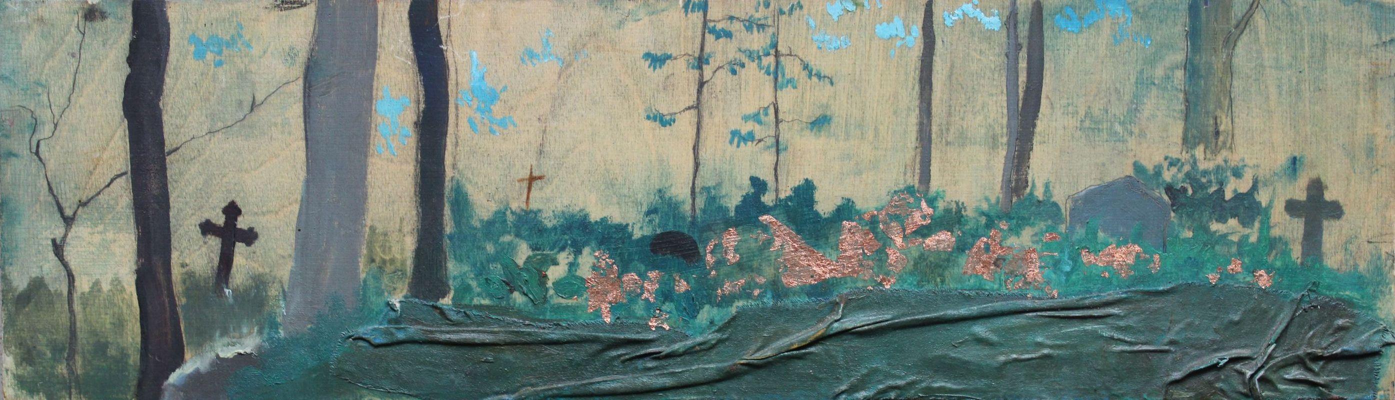 Aleksandra Rafaela Tiknuse Landscape Painting - The old cemetery. 2018. Oil on wooden plywood. 16x54.4 cm