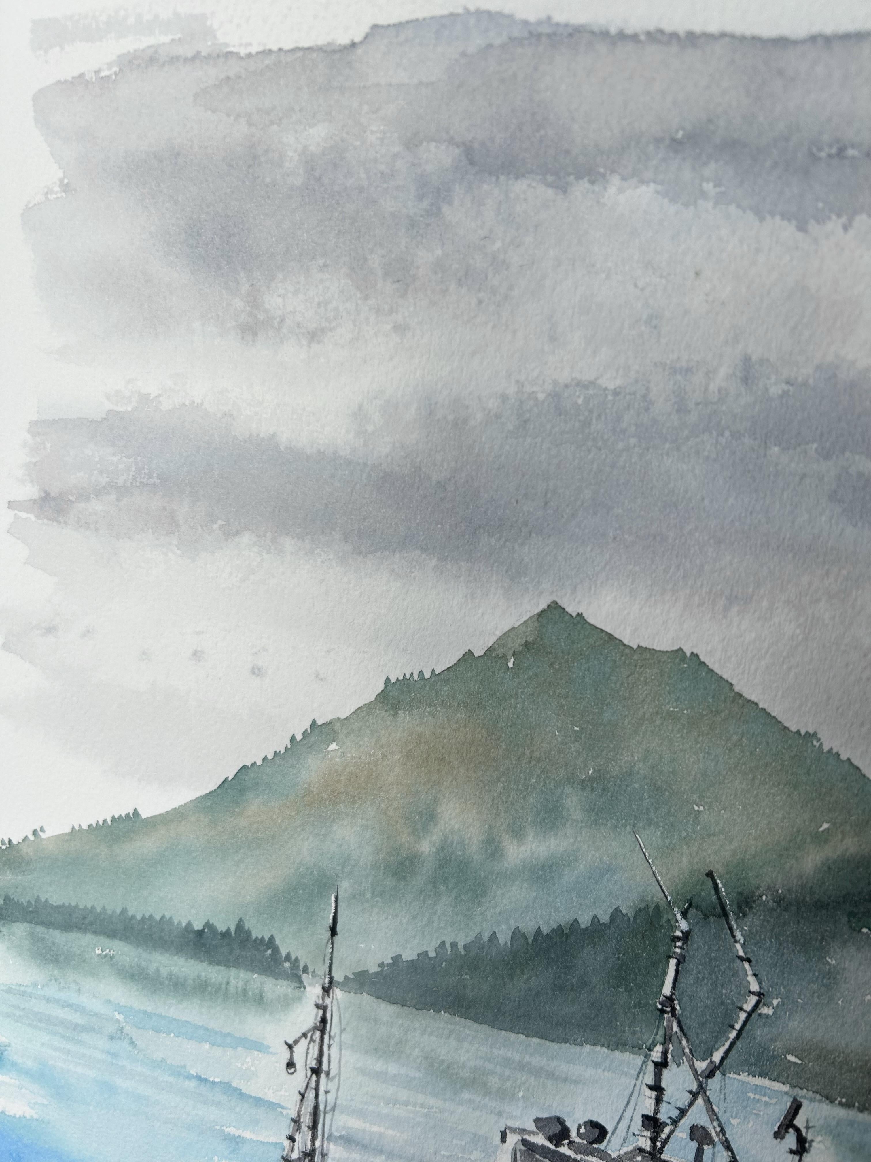 Barche Pittura di paesaggio. Paesaggio marino, montagne, verticale, verde, blu, grigio in vendita 7