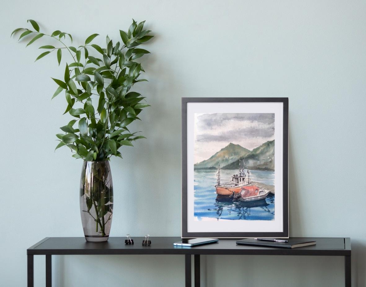 Barche Pittura di paesaggio. Paesaggio marino, montagne, verticale, verde, blu, grigio in vendita 8