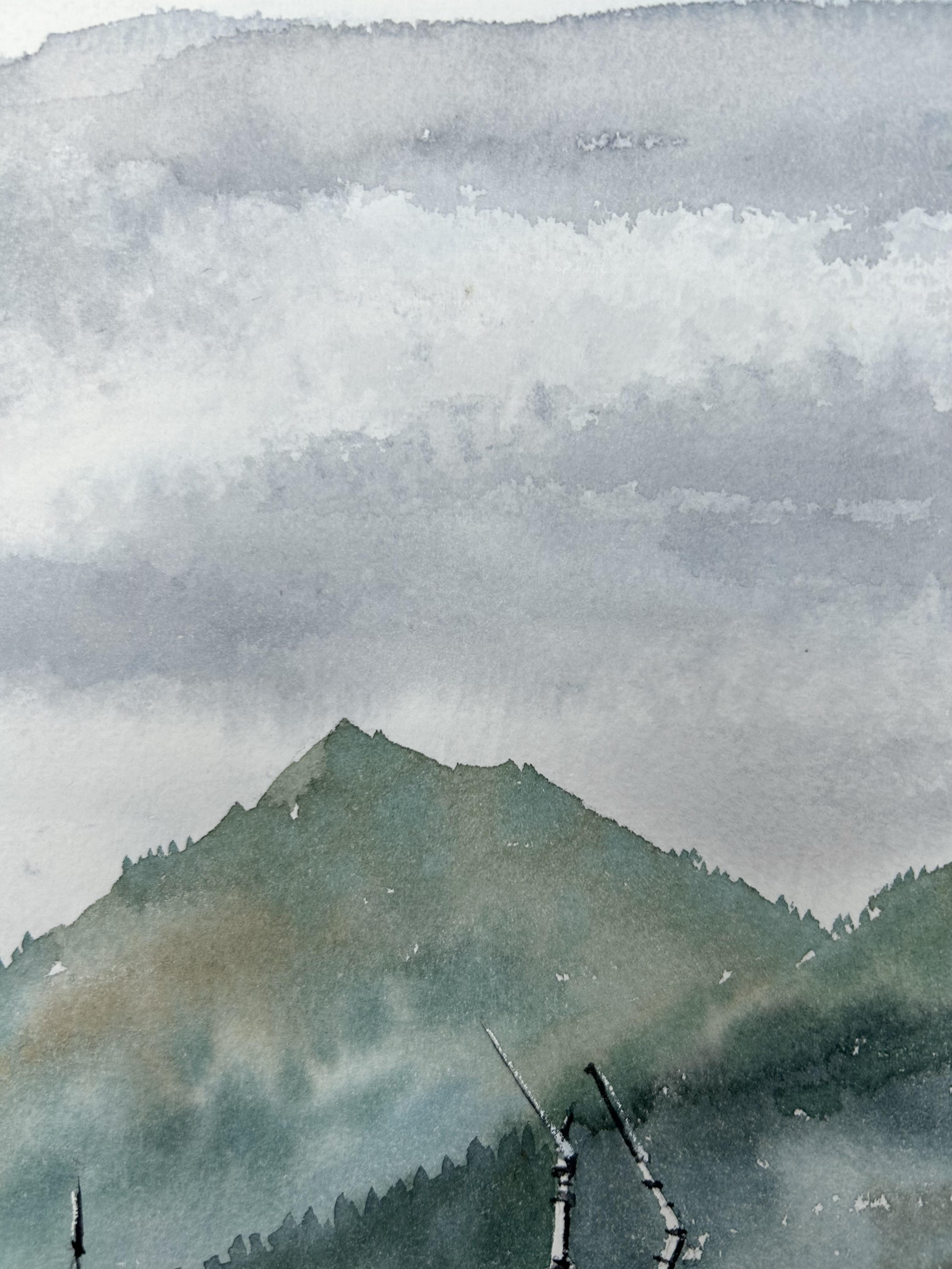 Barche Pittura di paesaggio. Paesaggio marino, montagne, verticale, verde, blu, grigio in vendita 2