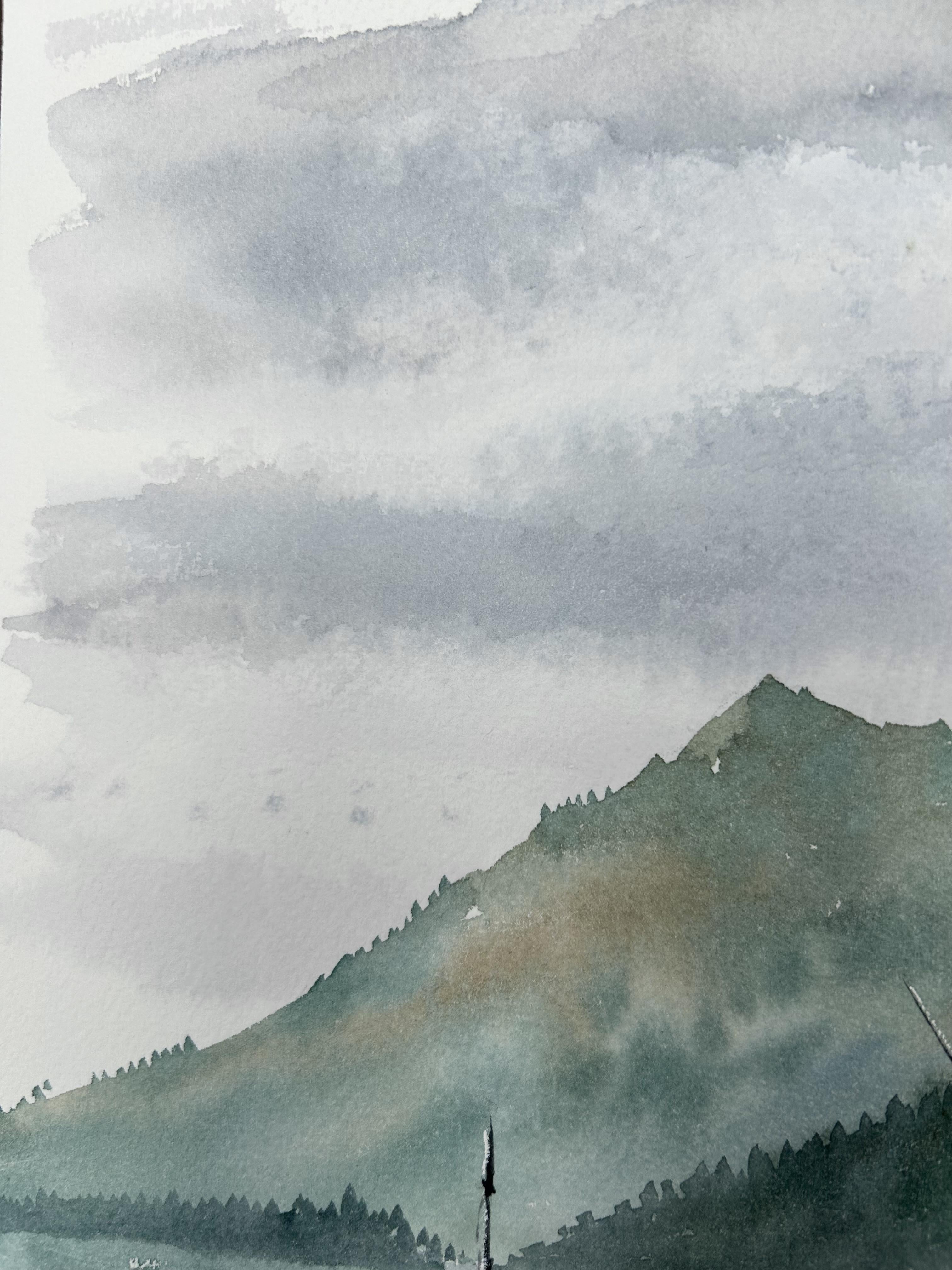 Barche Pittura di paesaggio. Paesaggio marino, montagne, verticale, verde, blu, grigio in vendita 3