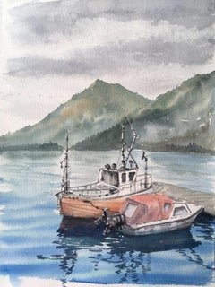 Barcos Pintura de Paisaje. Paisaje marino, montañas, vertical, verde, azul, gris