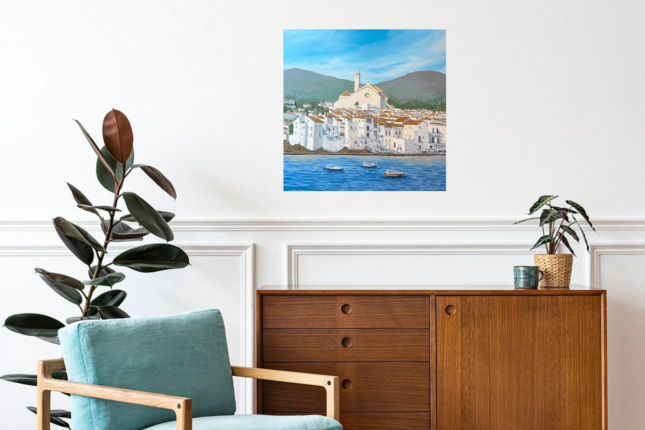Cadaques, paesaggio della Costa Brava. Blu, estate, paesaggio marino, Spagna, acrilico su tela in vendita 6