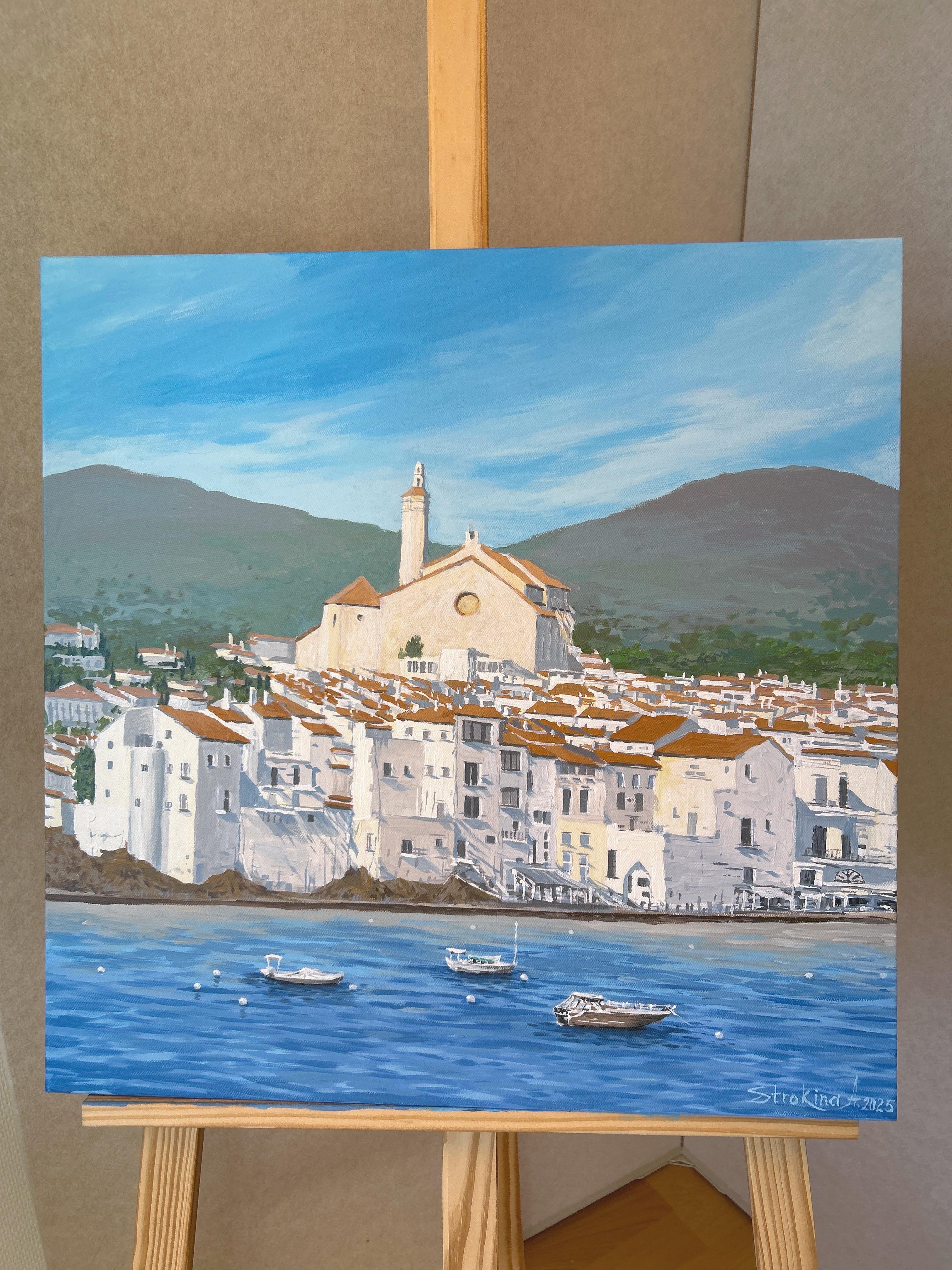 Cadaques, paesaggio della Costa Brava. Blu, estate, paesaggio marino, Spagna, acrilico su tela - Painting di Aleksandra Strokina