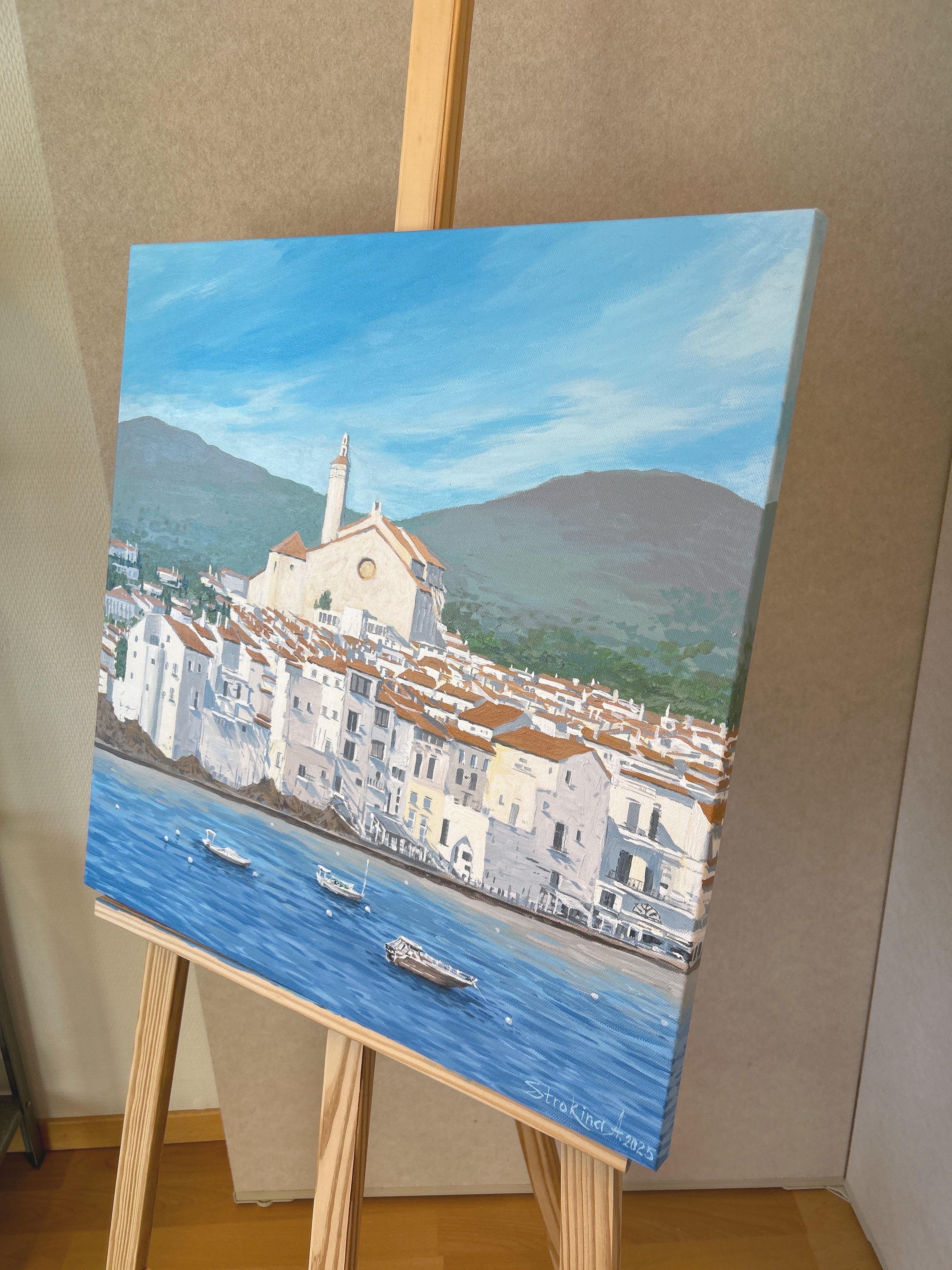 Cadaques, paesaggio della Costa Brava. Blu, estate, paesaggio marino, Spagna, acrilico su tela - Painting Realismo di Aleksandra Strokina