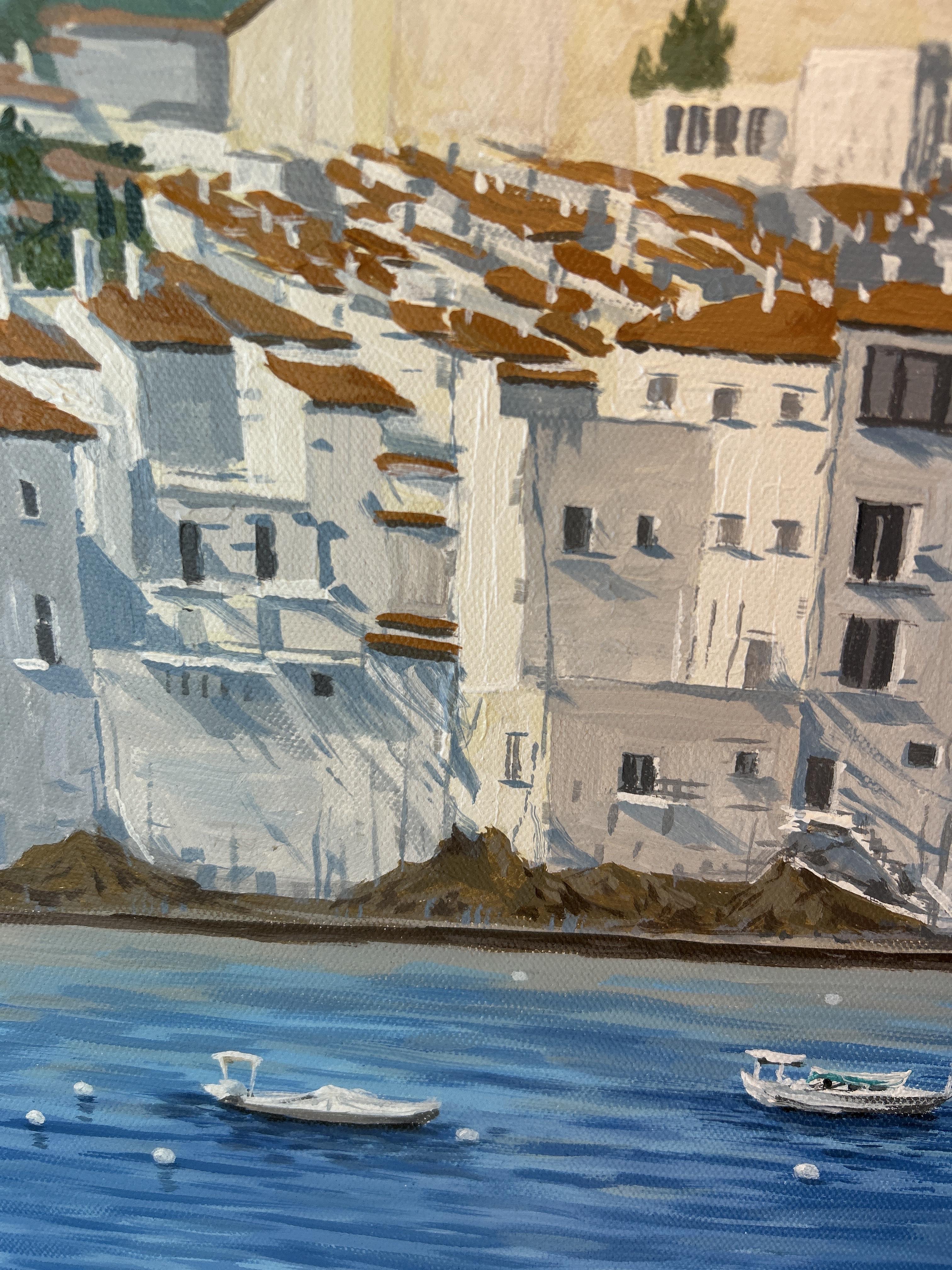 Cadaques, paesaggio della Costa Brava. Blu, estate, paesaggio marino, Spagna, acrilico su tela in vendita 2