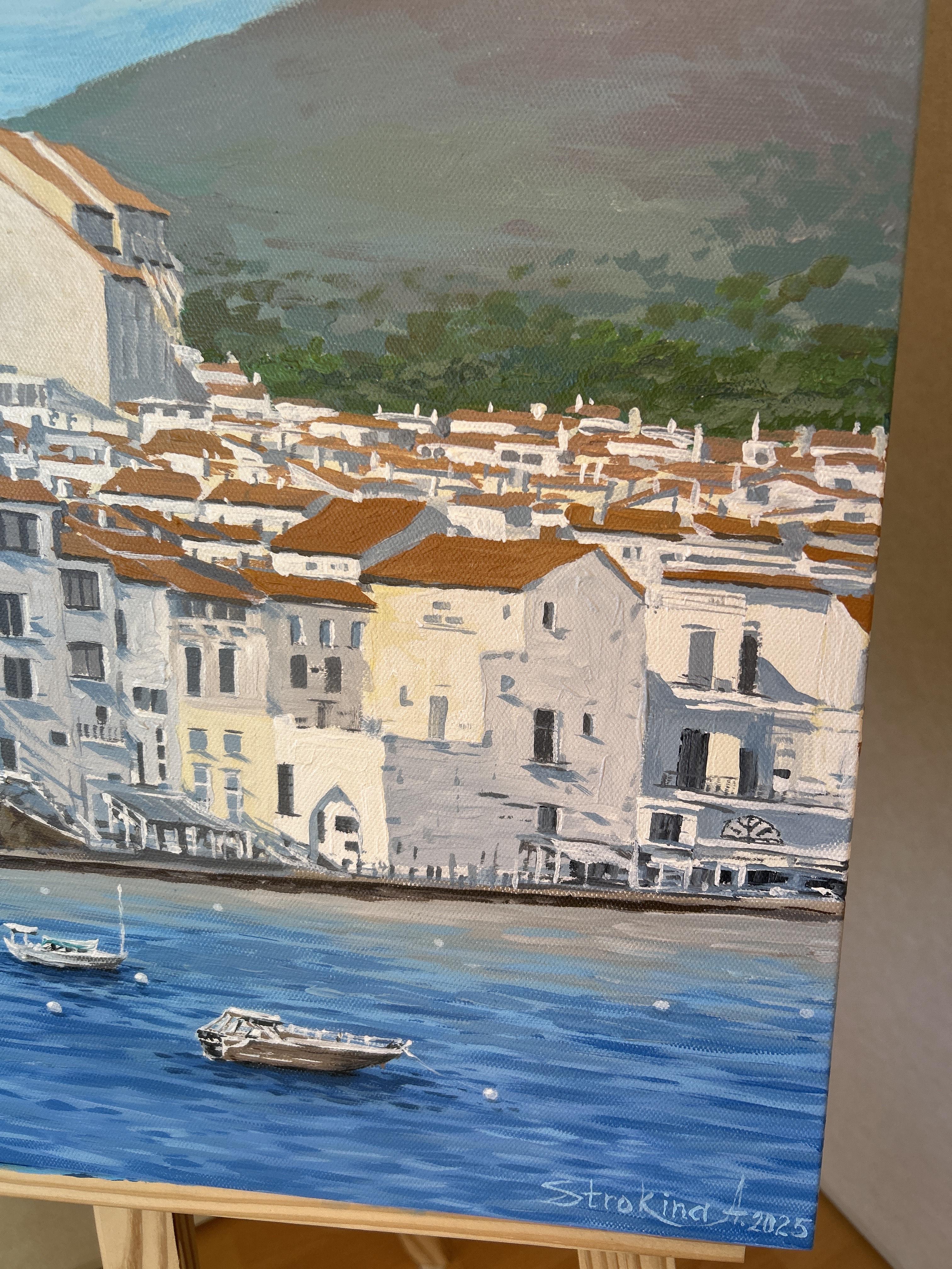 Cadaques, paesaggio della Costa Brava. Blu, estate, paesaggio marino, Spagna, acrilico su tela in vendita 3