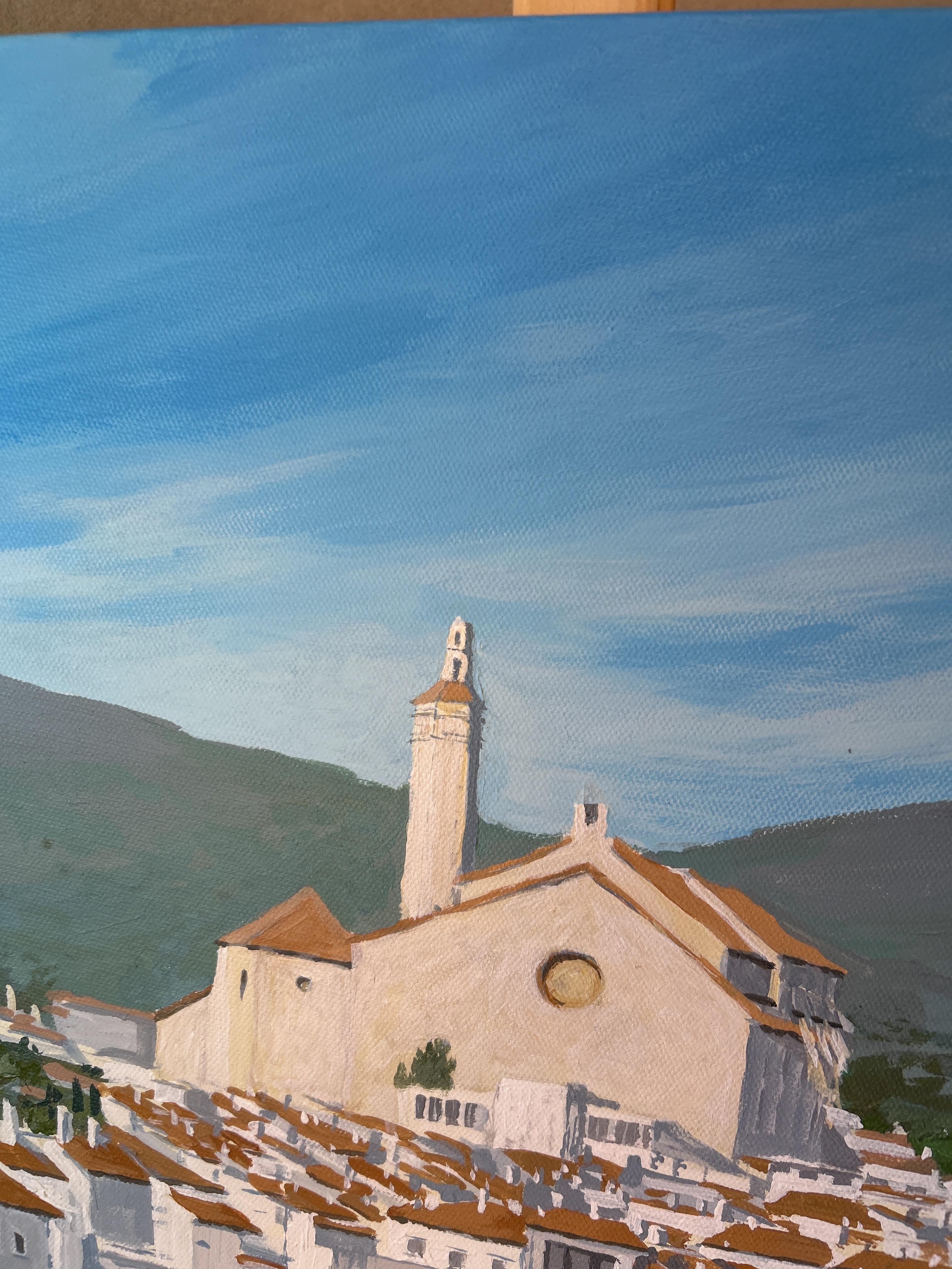 Cadaques, paesaggio della Costa Brava. Blu, estate, paesaggio marino, Spagna, acrilico su tela in vendita 5