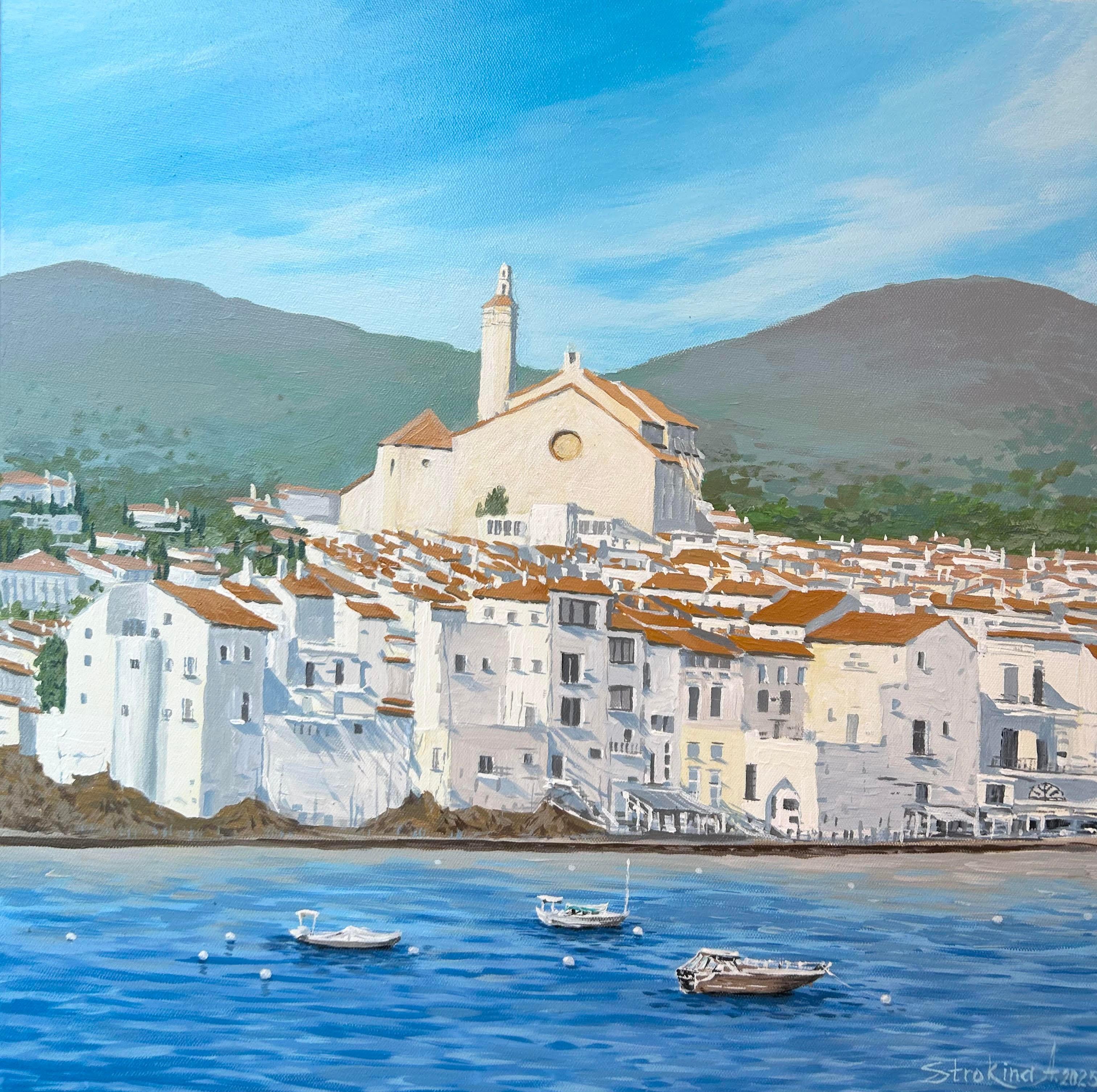 Landscape Painting di Aleksandra Strokina - Cadaques, paesaggio della Costa Brava. Blu, estate, paesaggio marino, Spagna, acrilico su tela