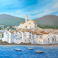 Cadaqués, paisaje de la Costa Brava. Azul, verano, paisaje marino, España, acrílico sobre lienzo