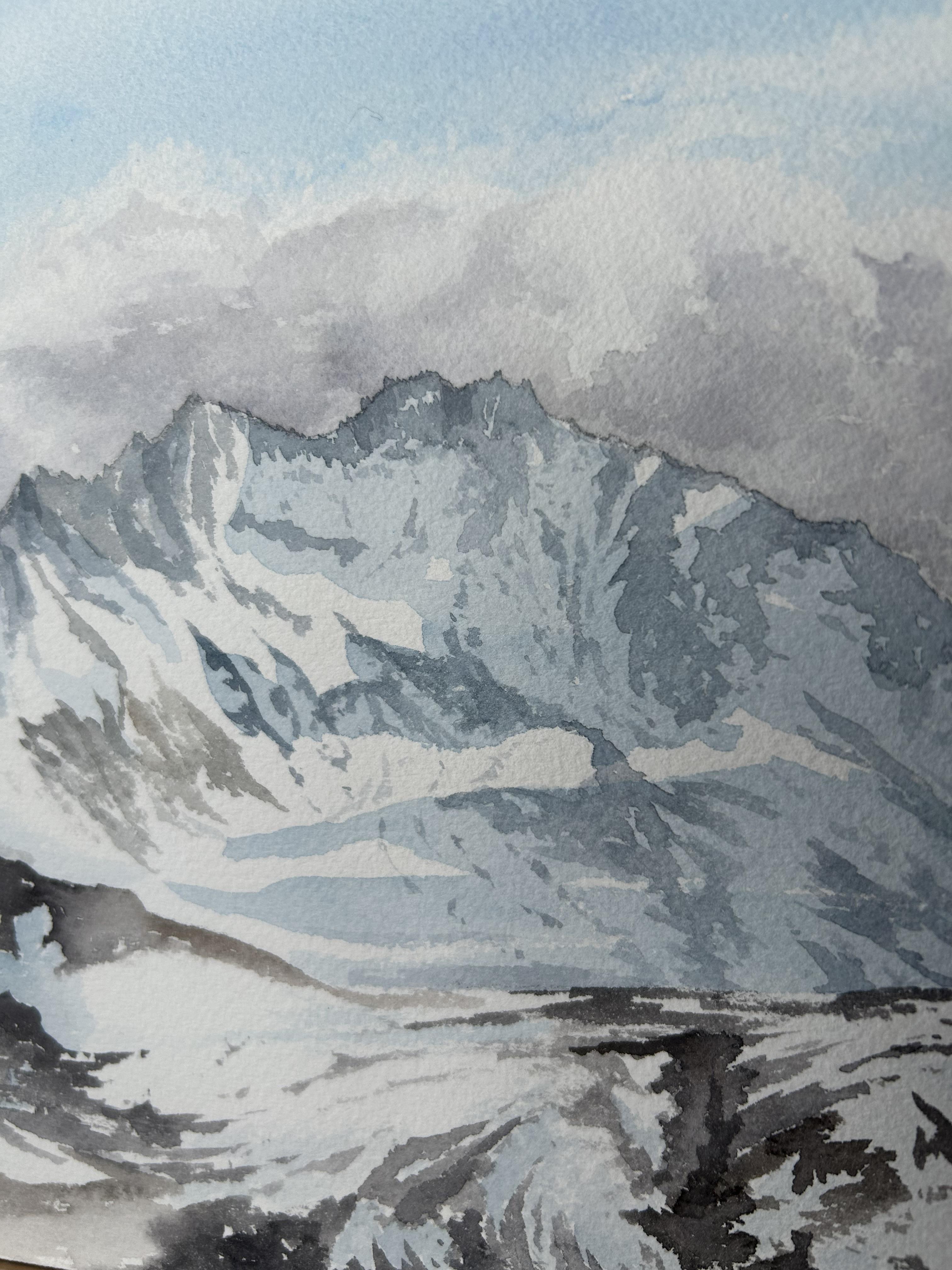 Berglandschaft Gemälde, Alpen, Schnee, braun, blau, horizontal im Angebot 5