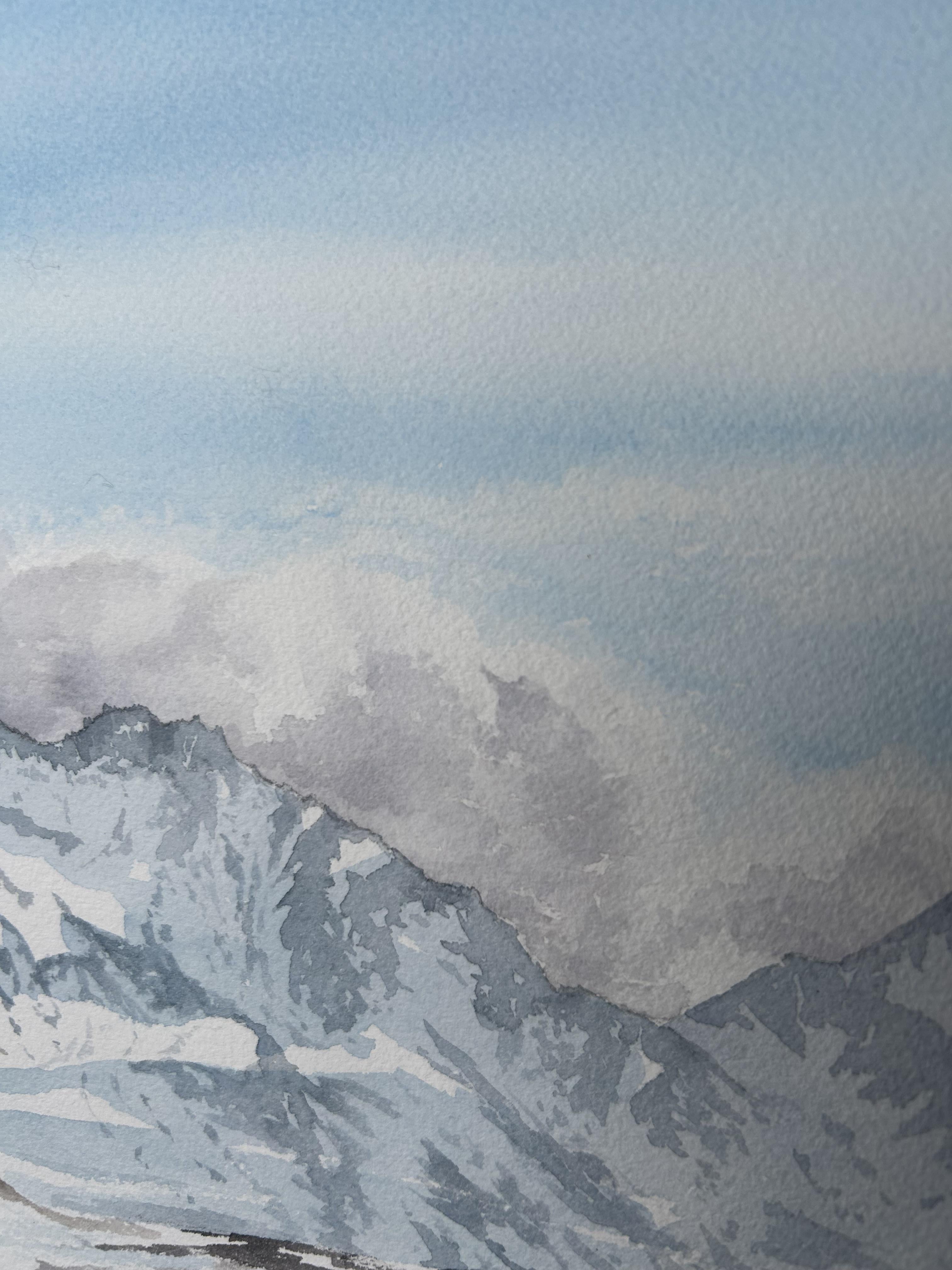 Paisaje de montaña Pintura, alpes, nieve, marrón, azul, horizontal en venta 6