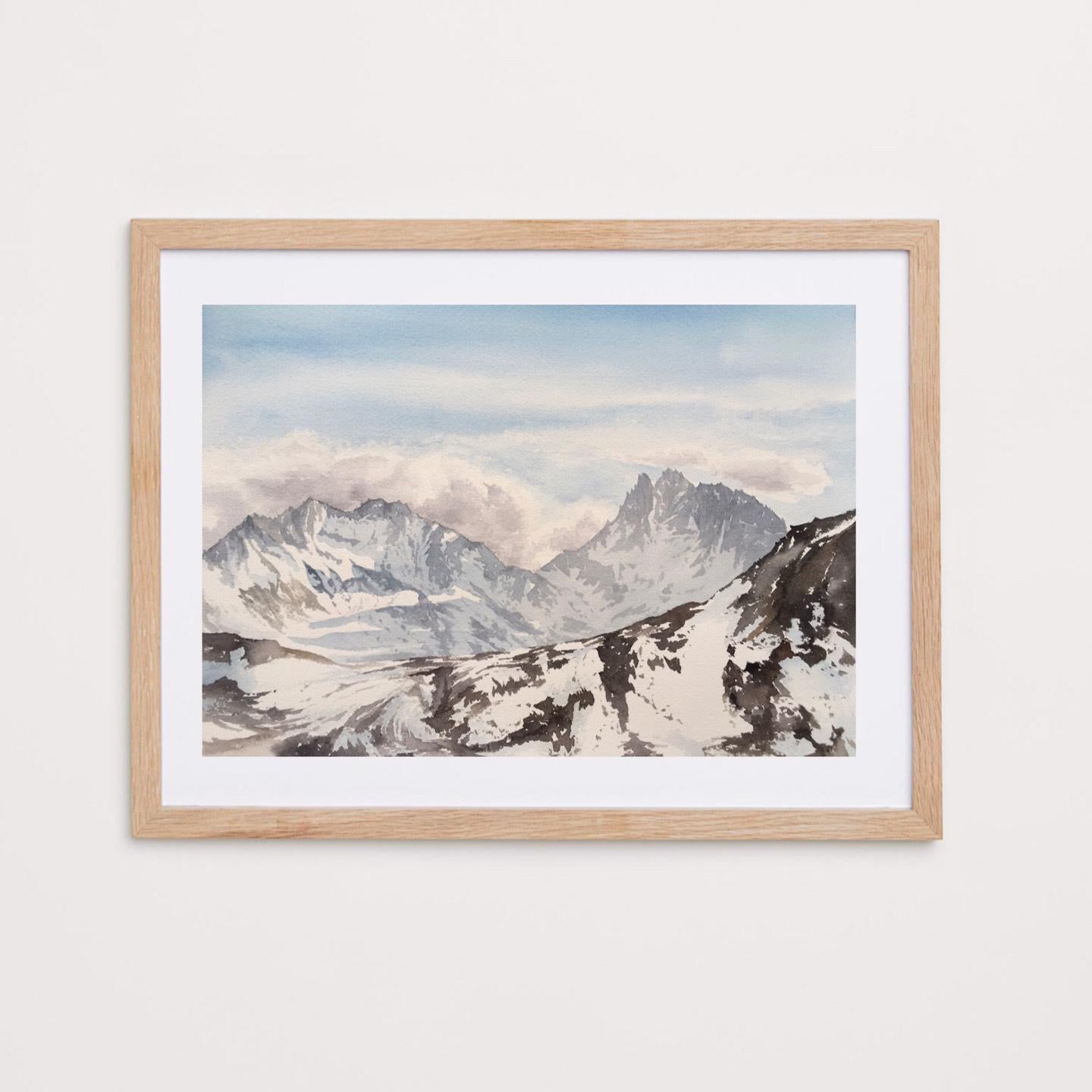 Paisaje de montaña Pintura, alpes, nieve, marrón, azul, horizontal - Art de Aleksandra Strokina