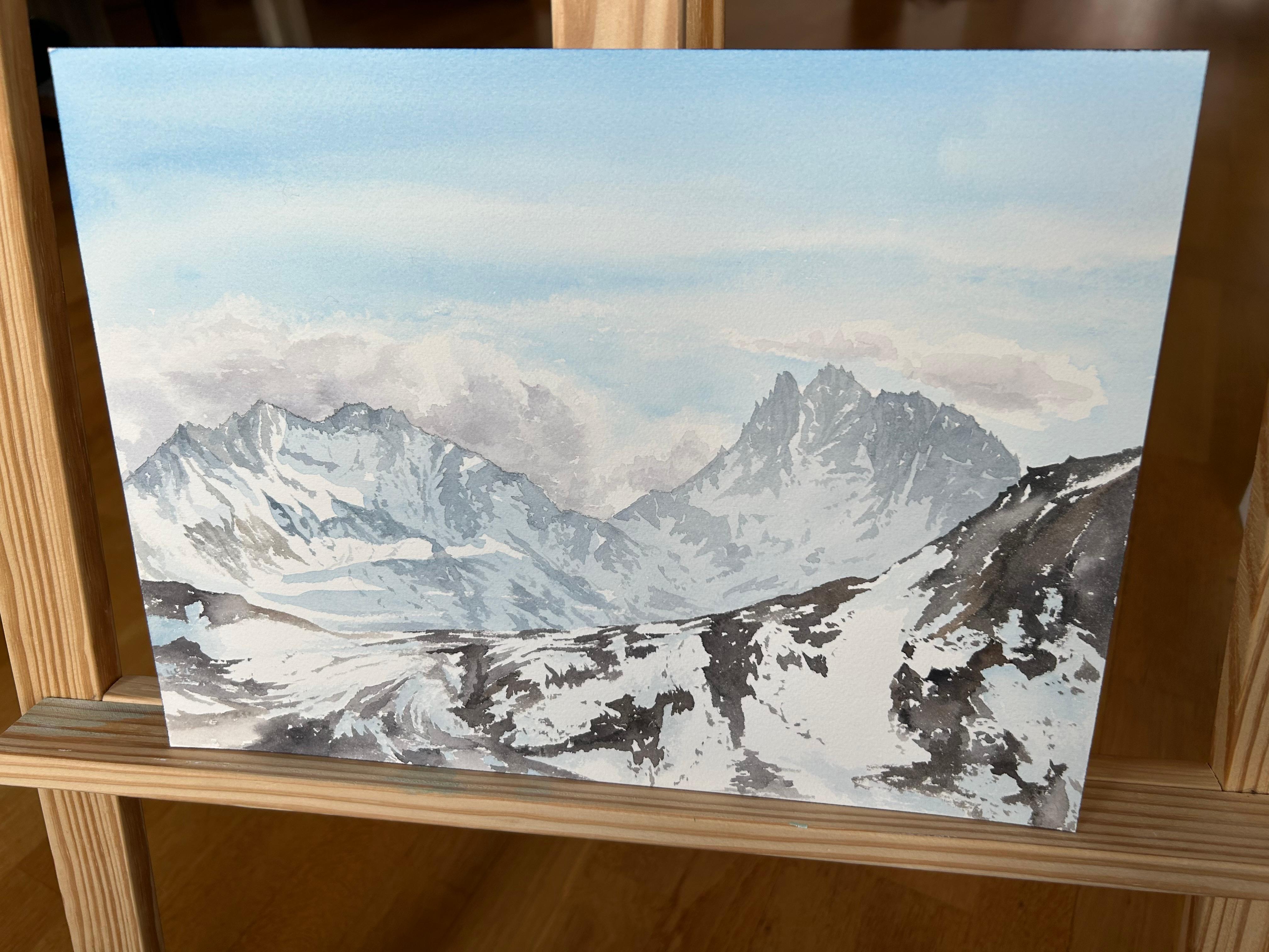 Paisaje de montaña Pintura, alpes, nieve, marrón, azul, horizontal - Art Realista de Aleksandra Strokina