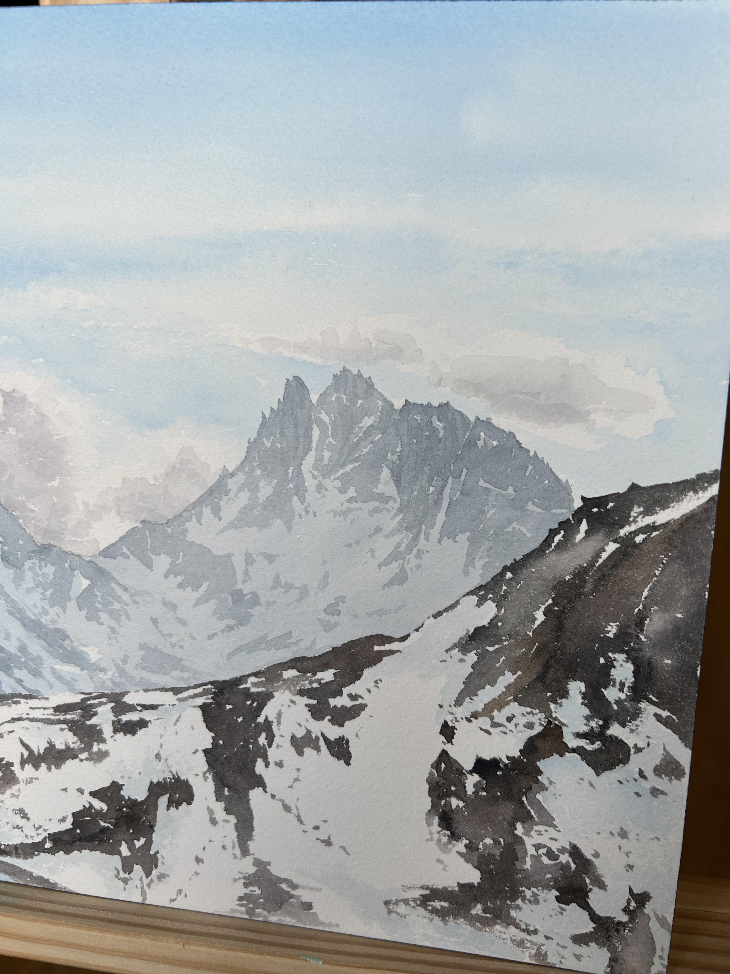 Paisaje de montaña Pintura, alpes, nieve, marrón, azul, horizontal en venta 1