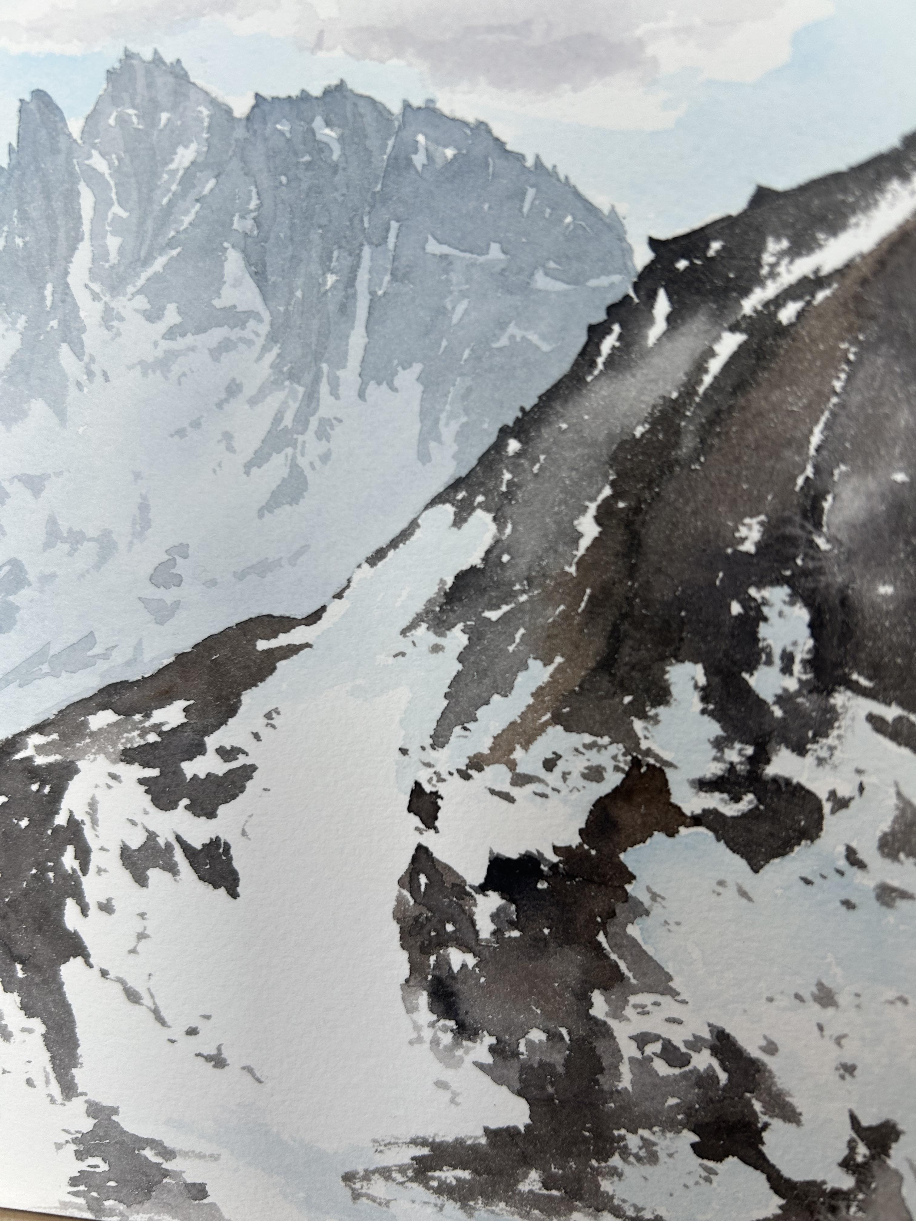 Paisaje de montaña Pintura, alpes, nieve, marrón, azul, horizontal en venta 2