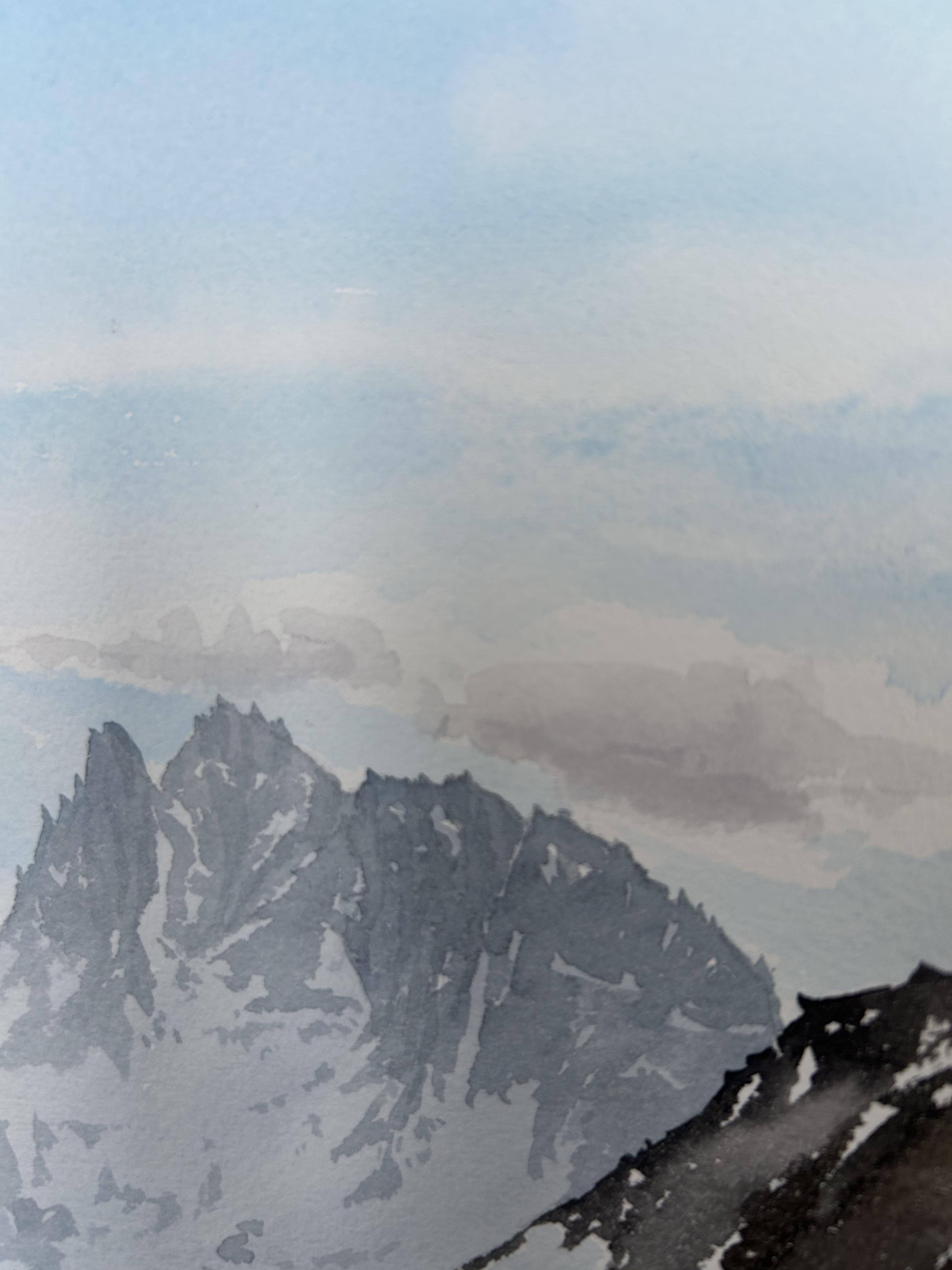 Paisaje de montaña Pintura, alpes, nieve, marrón, azul, horizontal en venta 3