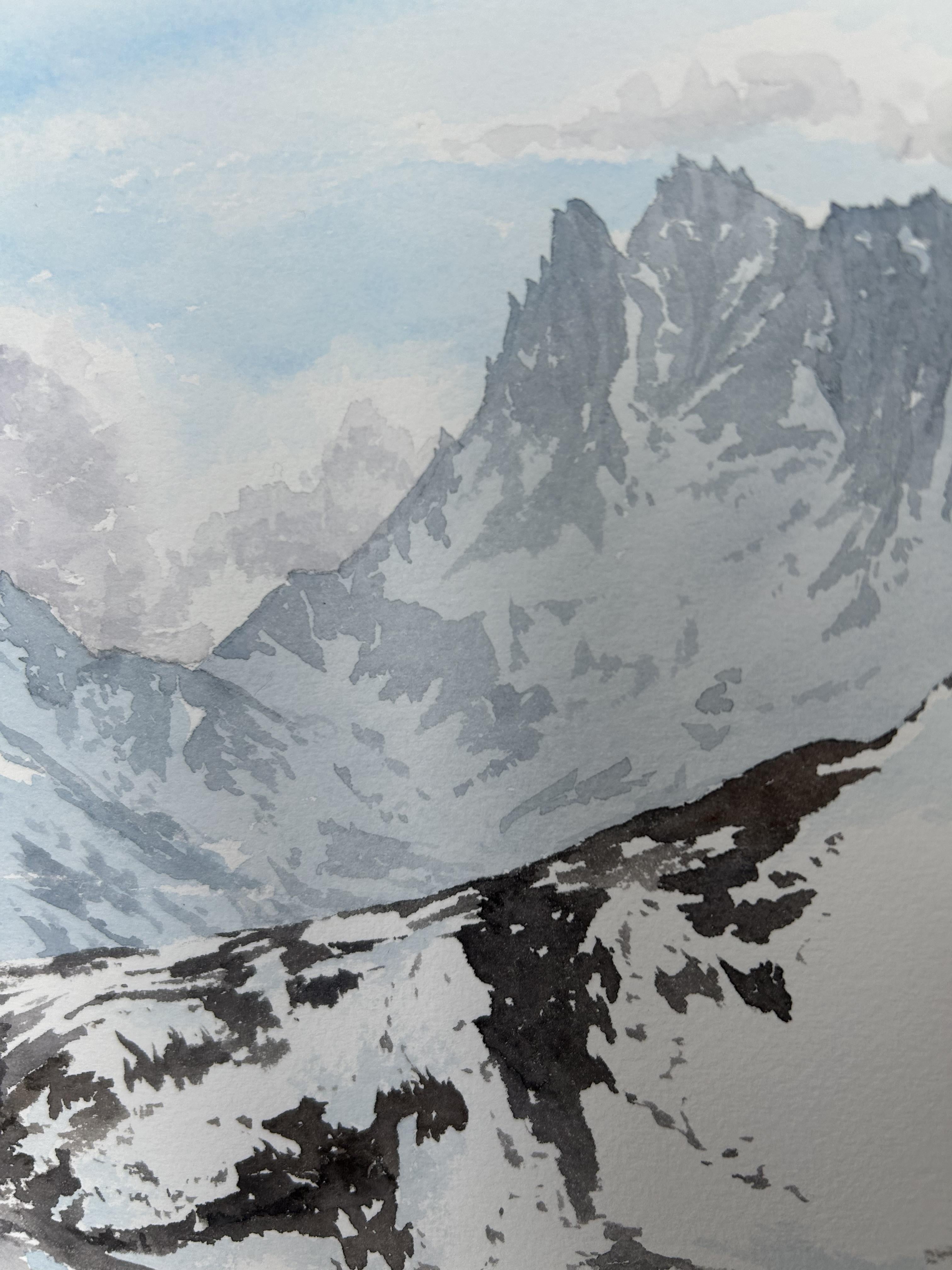 Paisaje de montaña Pintura, alpes, nieve, marrón, azul, horizontal en venta 4