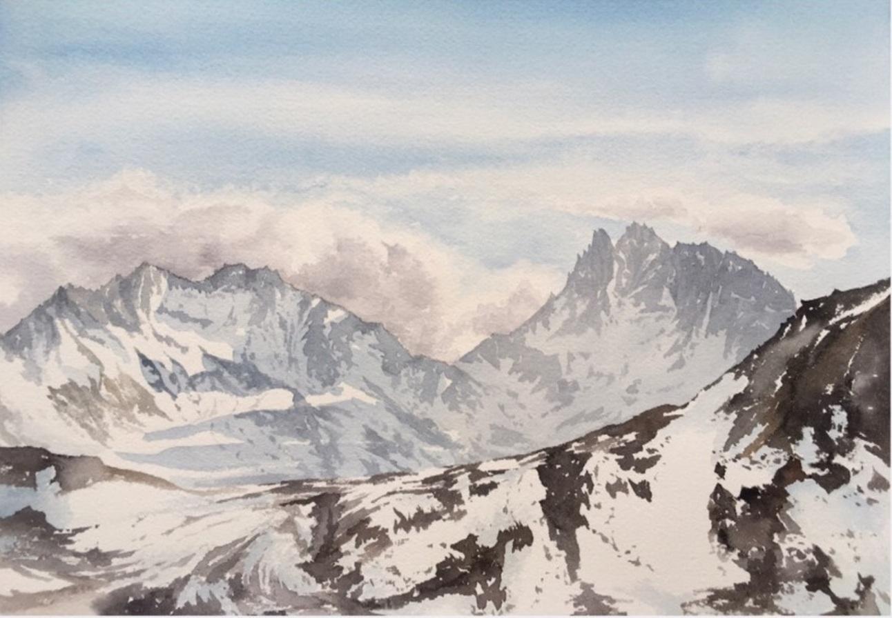 Landscape Art de Aleksandra Strokina - Paisaje de montaña Pintura, alpes, nieve, marrón, azul, horizontal