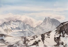 Pittura paesaggio montano, alpi, neve, marrone, blu, orizzontale