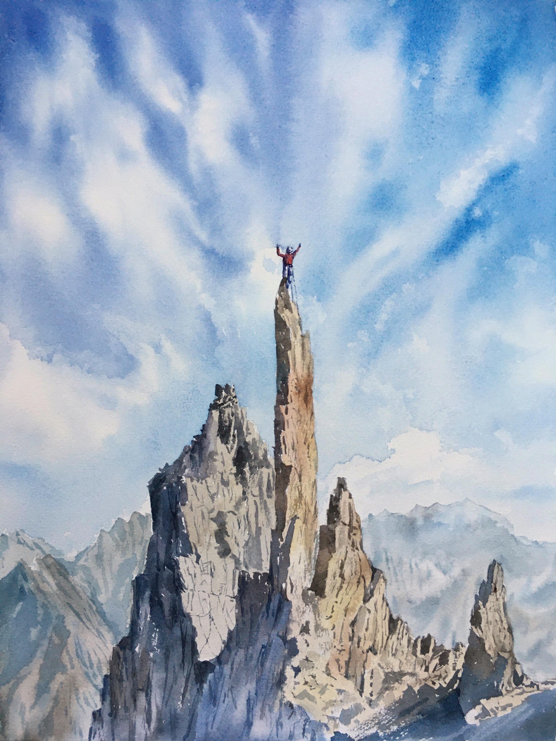 "Paisaje de montaña" pintura, escalada, alpes, azul, marrón, vertical, nubes