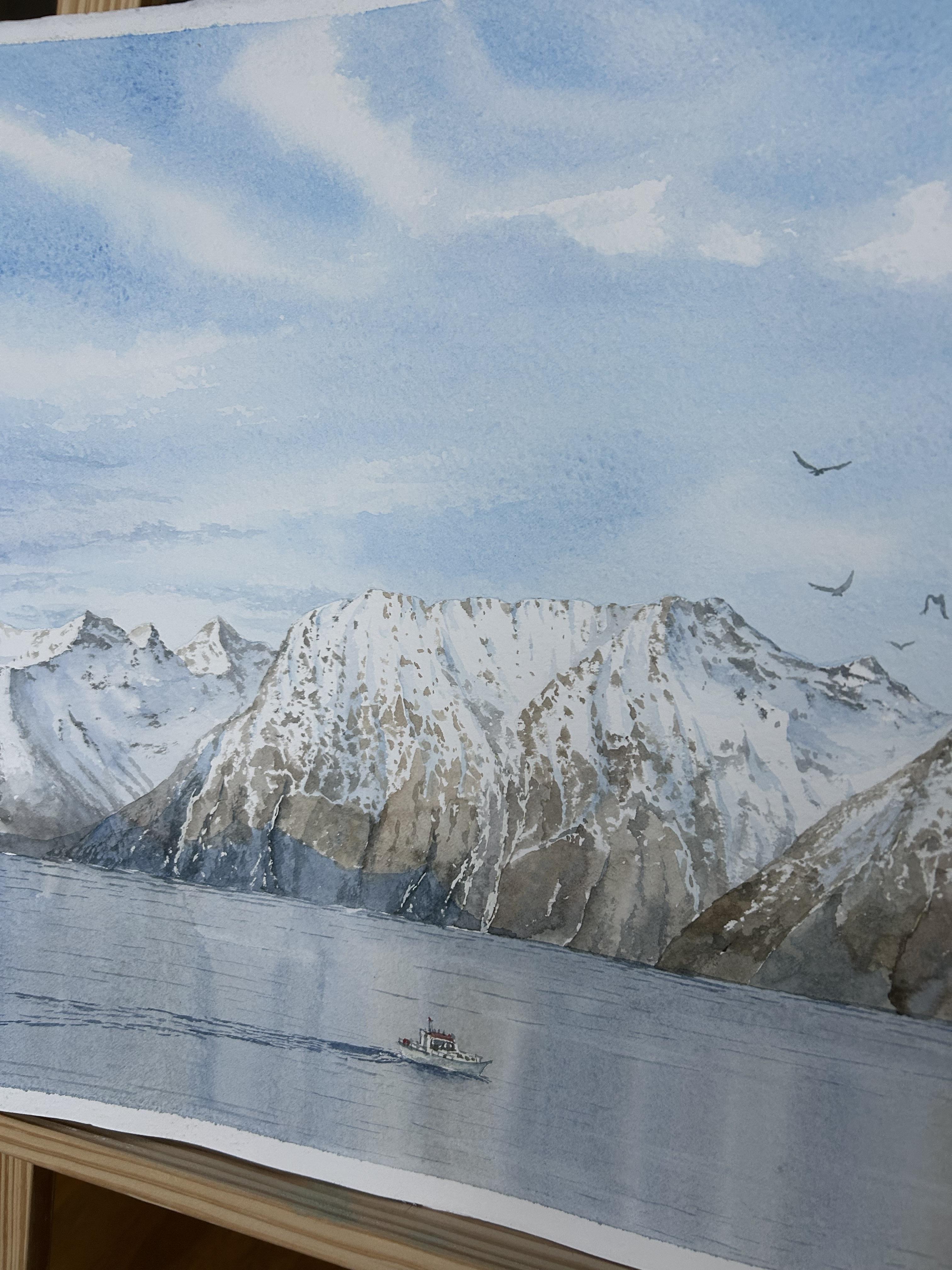 Mountain Landscape Painting, fjord, seascape, nordic, nature, blue, brown For Sale 5