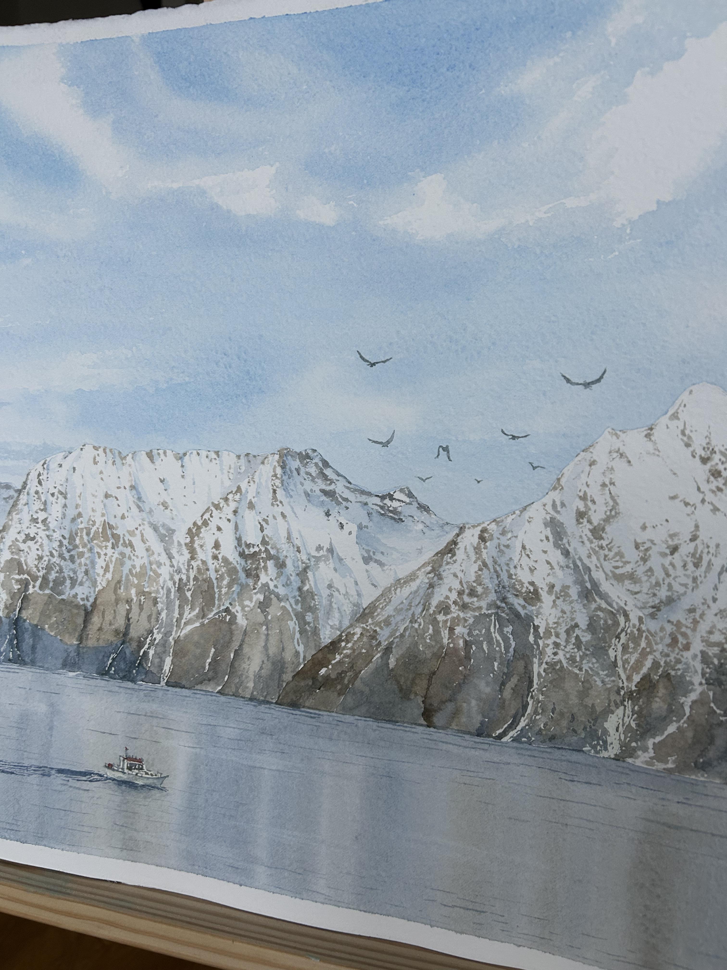 Mountain Landscape Painting, fjord, seascape, nordic, nature, blue, brown For Sale 6