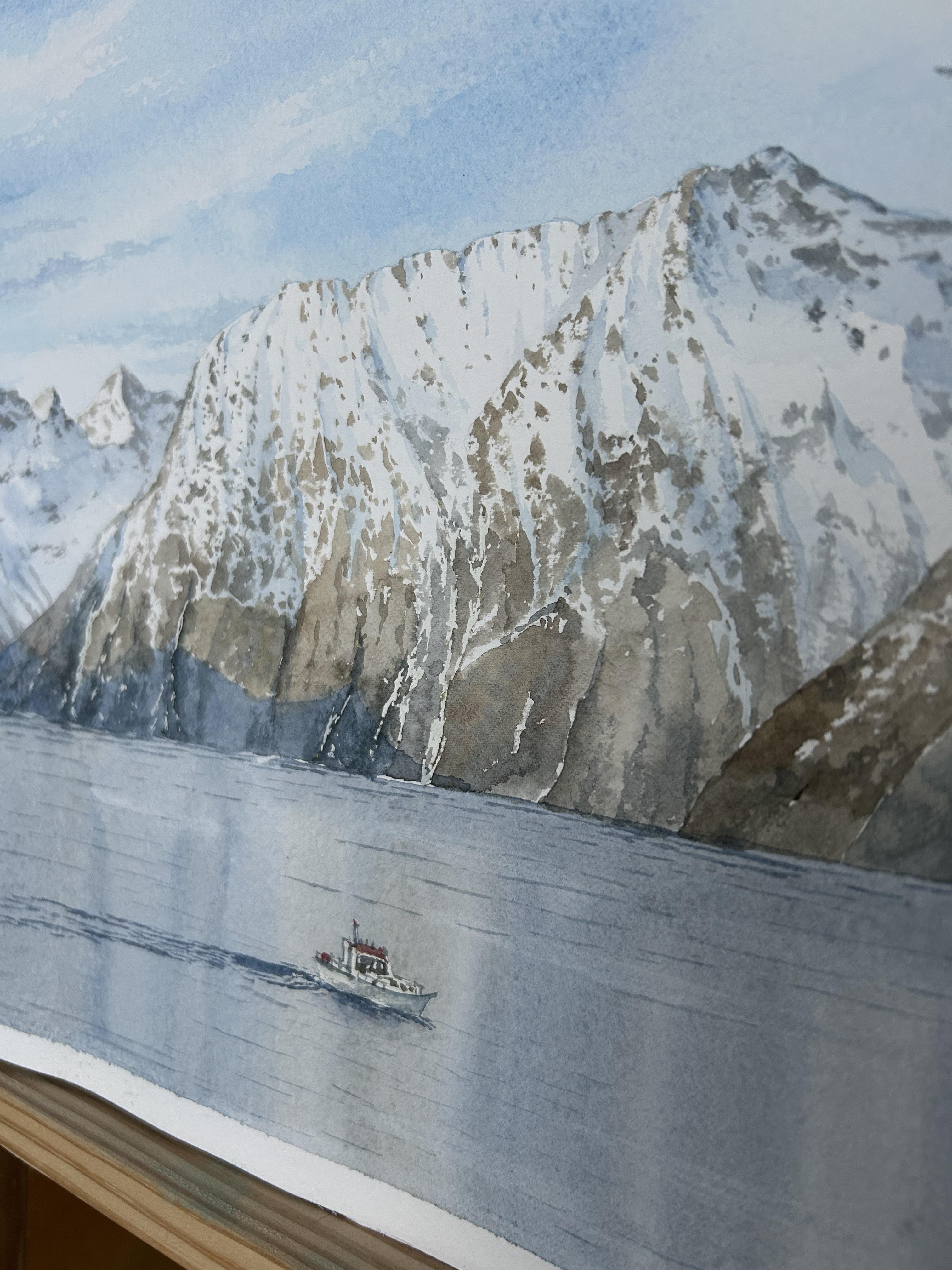 Mountain Landscape Painting, fjord, seascape, nordic, nature, blue, brown For Sale 7