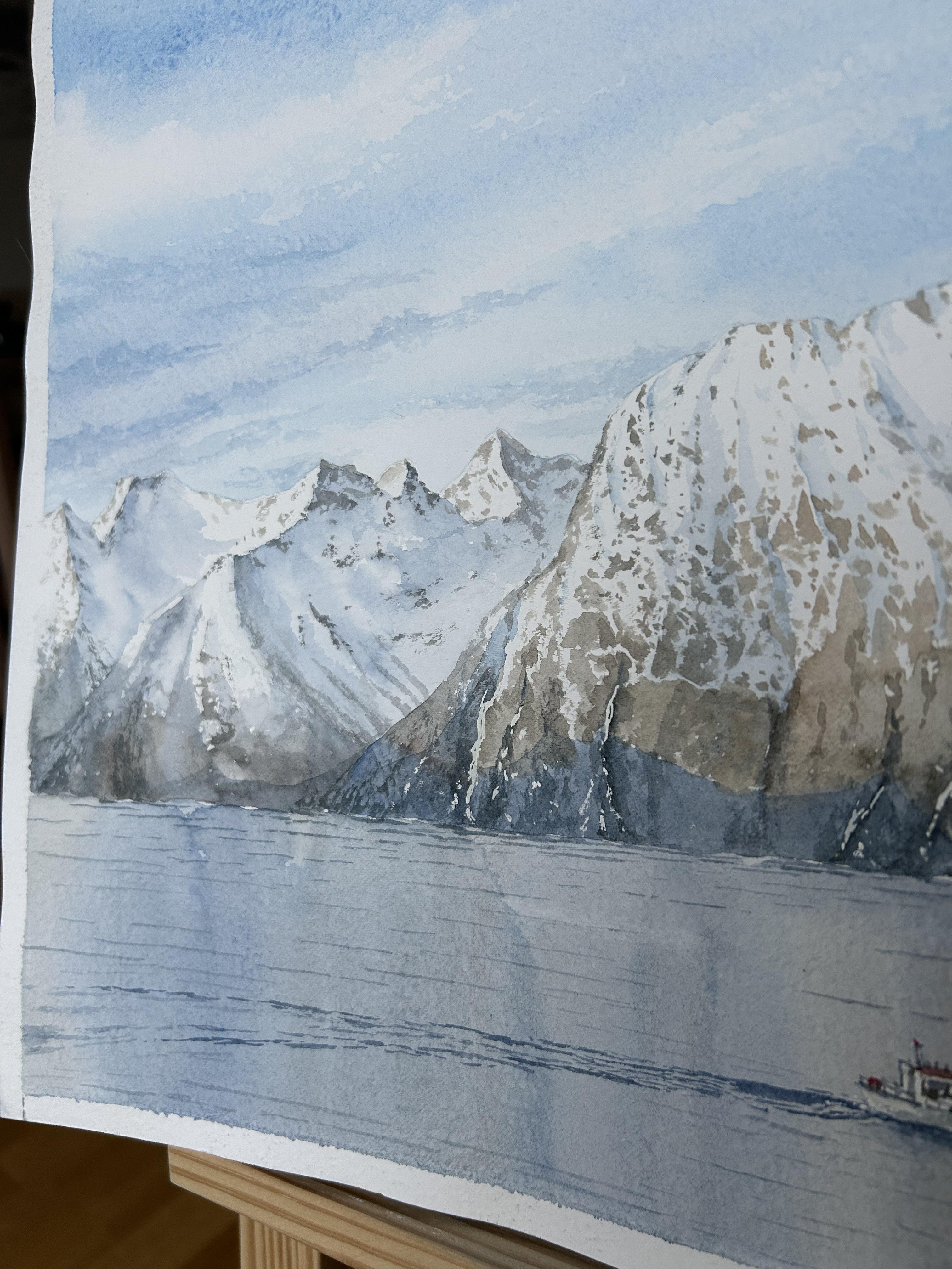Mountain Landscape Painting, fjord, seascape, nordic, nature, blue, brown For Sale 8