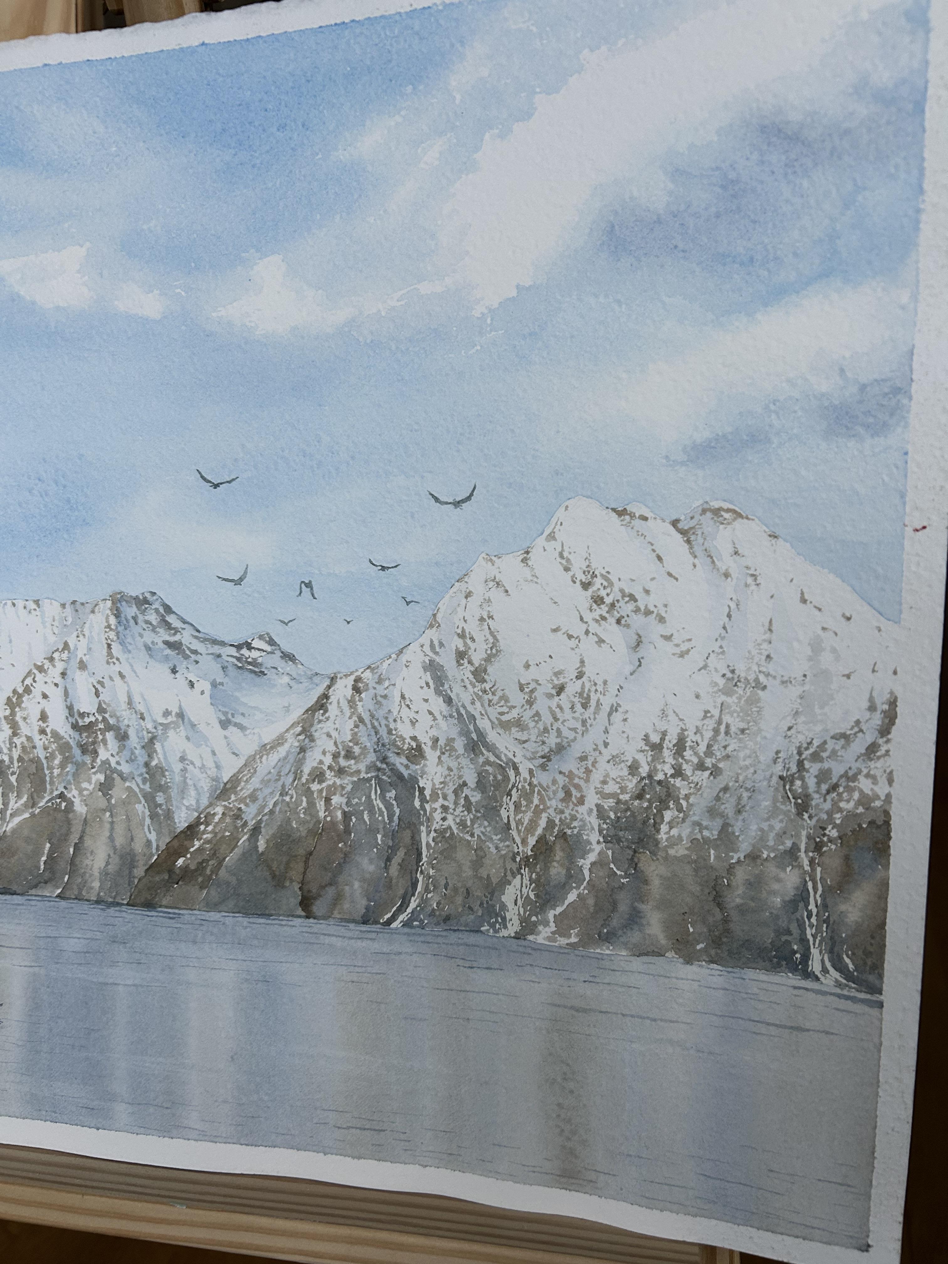 Mountain Landscape Painting, fjord, seascape, nordic, nature, blue, brown For Sale 9