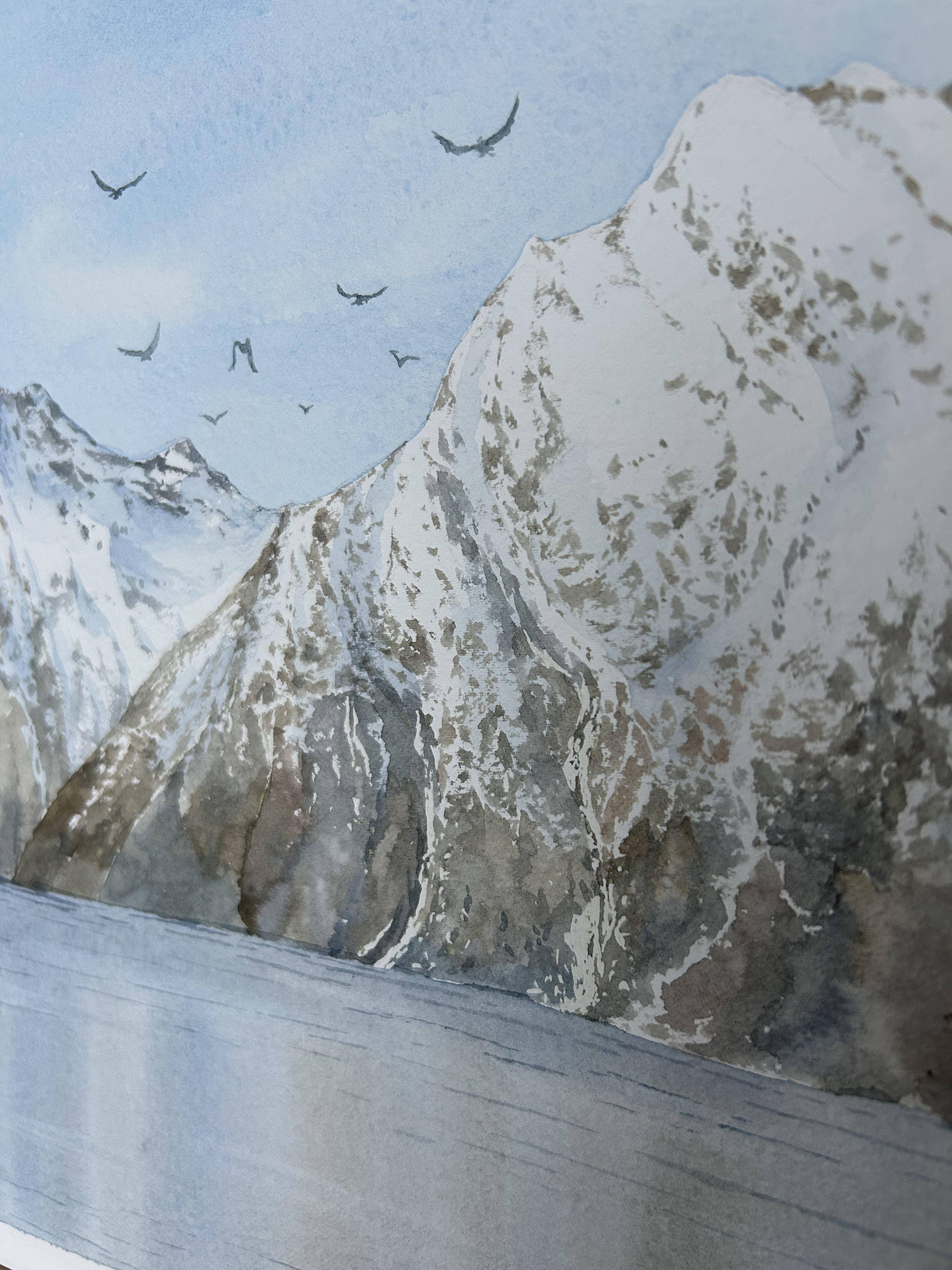 Mountain Landscape Painting, fjord, seascape, nordic, nature, blue, brown For Sale 10