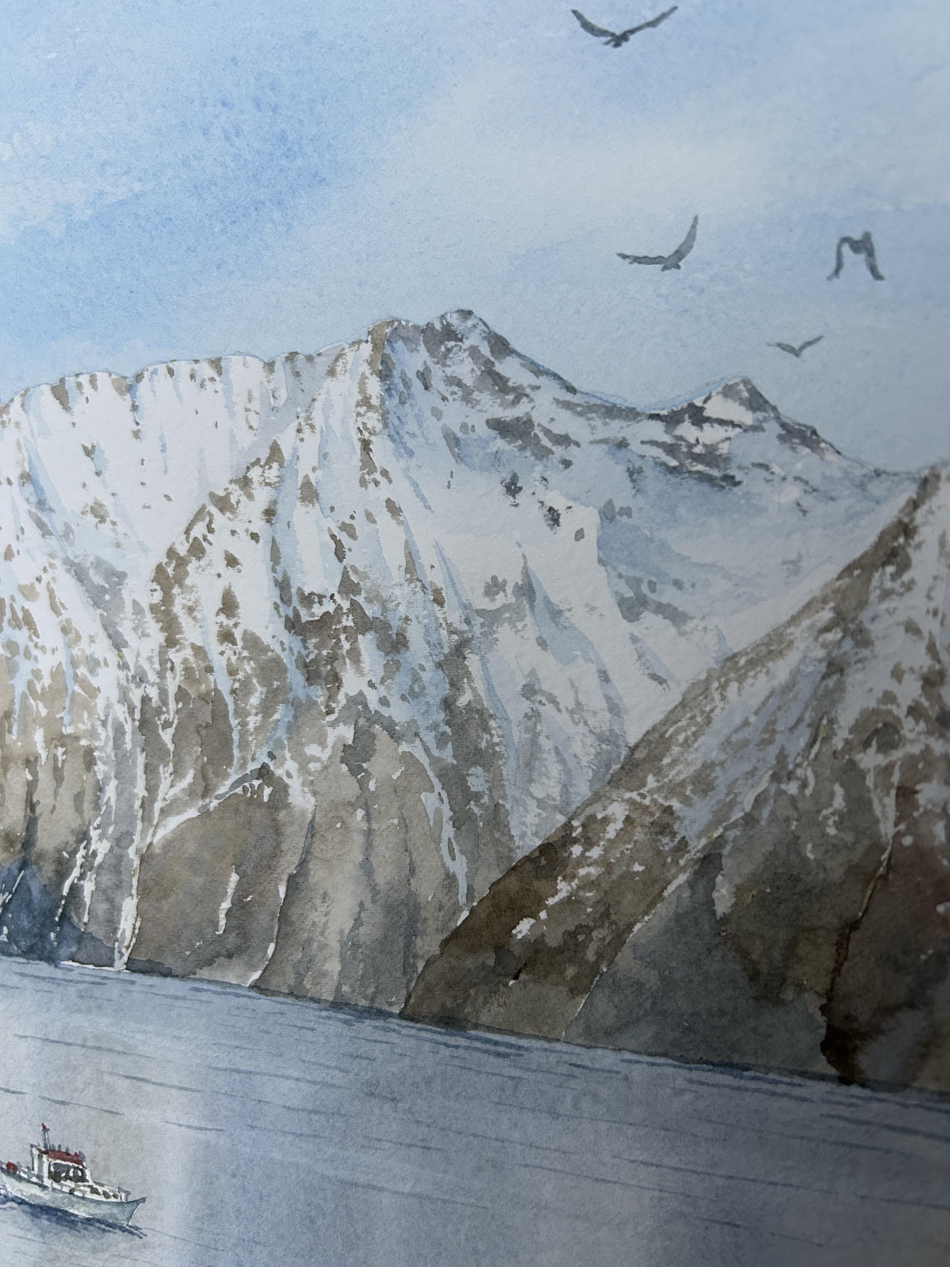 Mountain Landscape Painting, fjord, seascape, nordic, nature, blue, brown For Sale 11