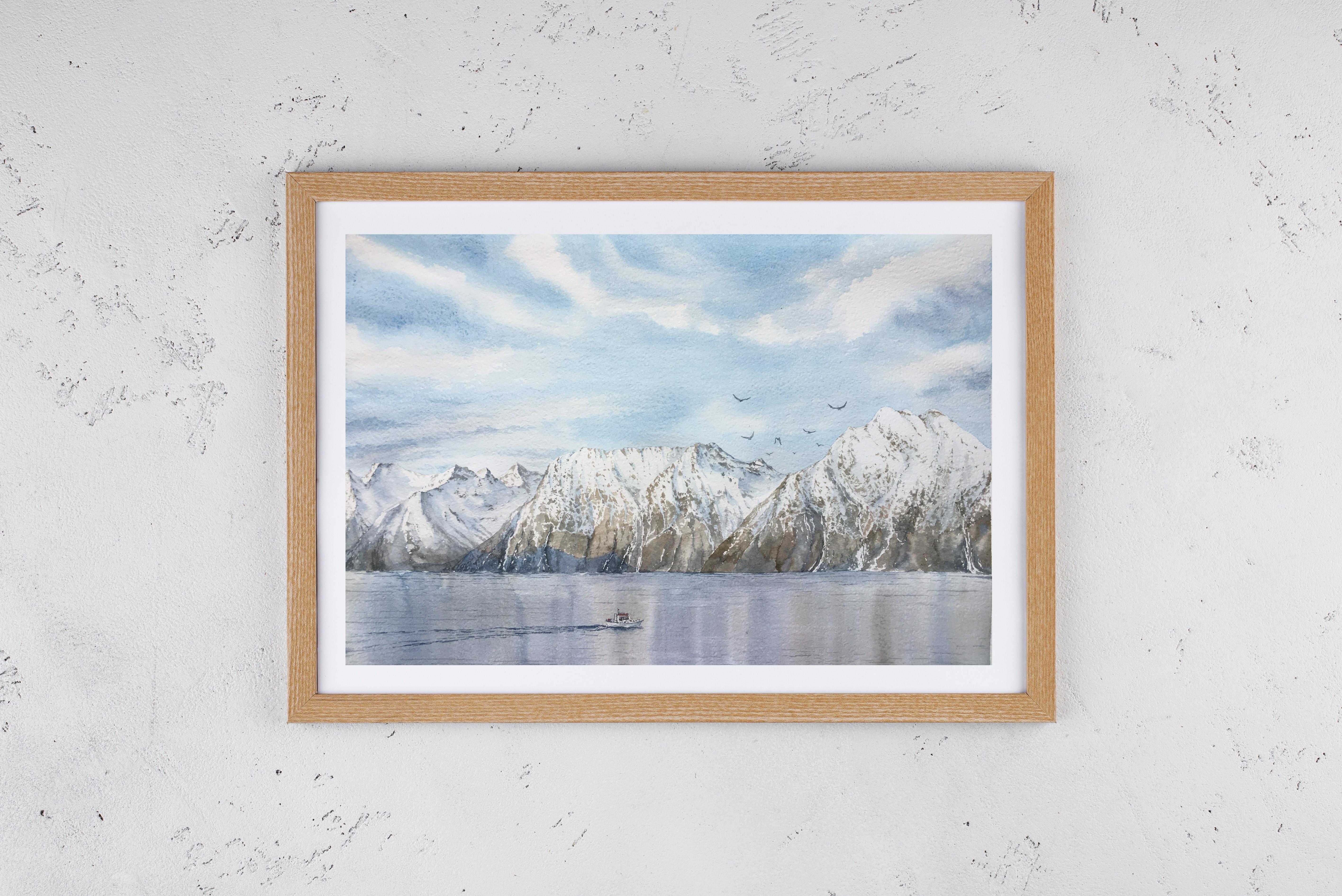 Mountain Landscape Painting, fjord, seascape, nordic, nature, blue, brown - Art by Aleksandra Strokina