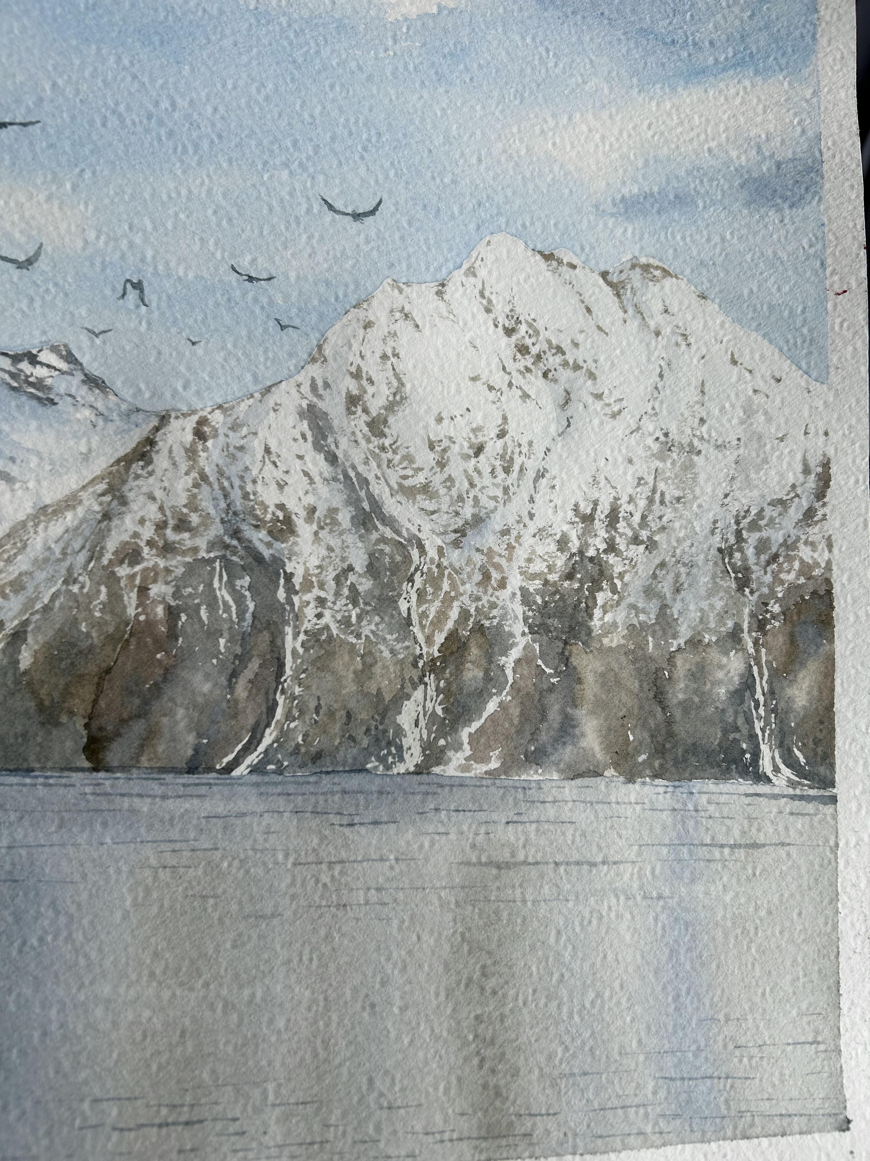 Mountain Landscape Painting, fjord, seascape, nordic, nature, blue, brown - Blue Landscape Art by Aleksandra Strokina
