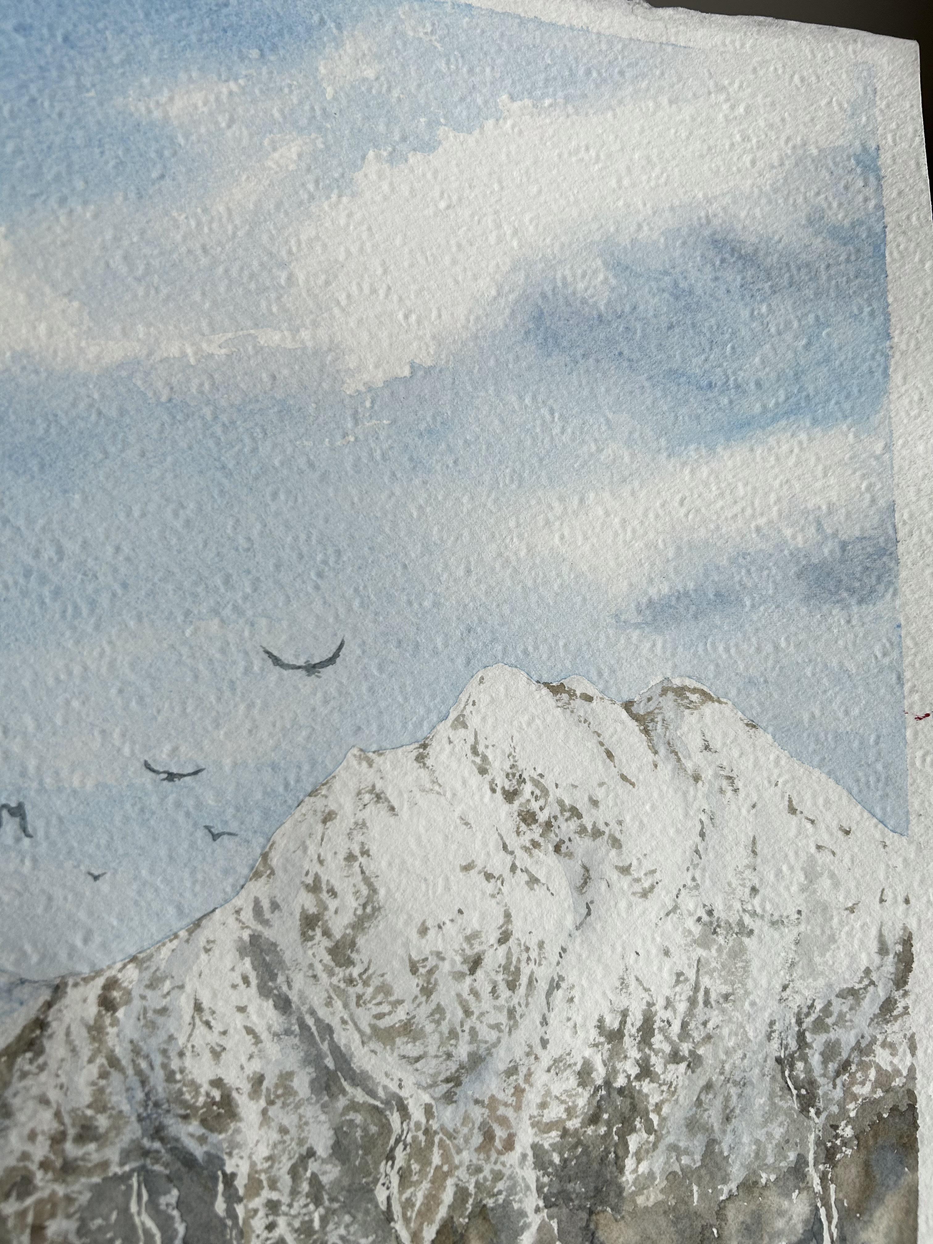 This serene watercolor painting captures the breathtaking beauty of a fjord landscape. Snow-capped mountains rise majestically from calm, glass-like waters, their rugged surfaces a mix of icy whites, earthy browns, and soft blues. The scene is