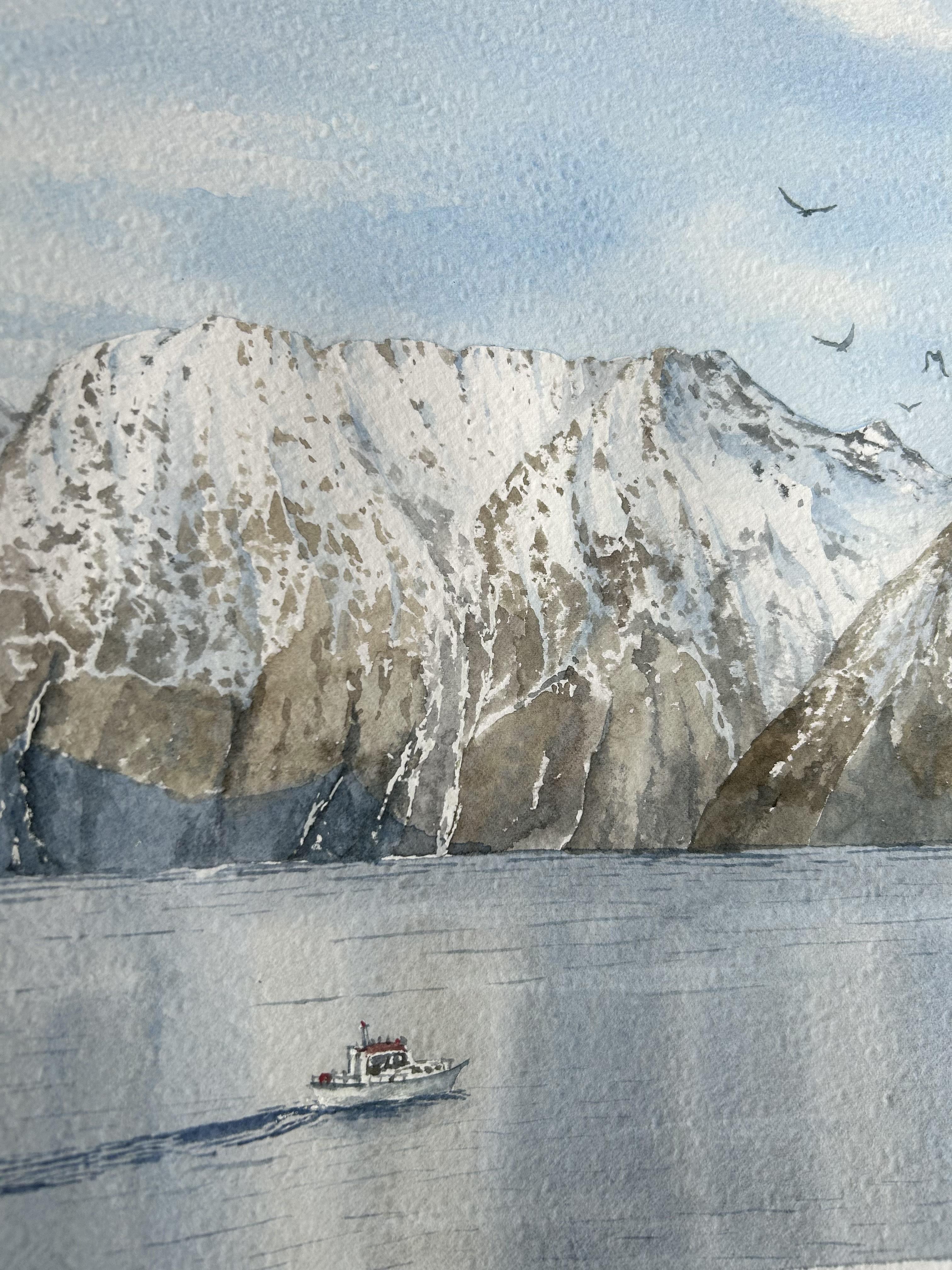 Mountain Landscape Painting, fjord, seascape, nordic, nature, blue, brown For Sale 2