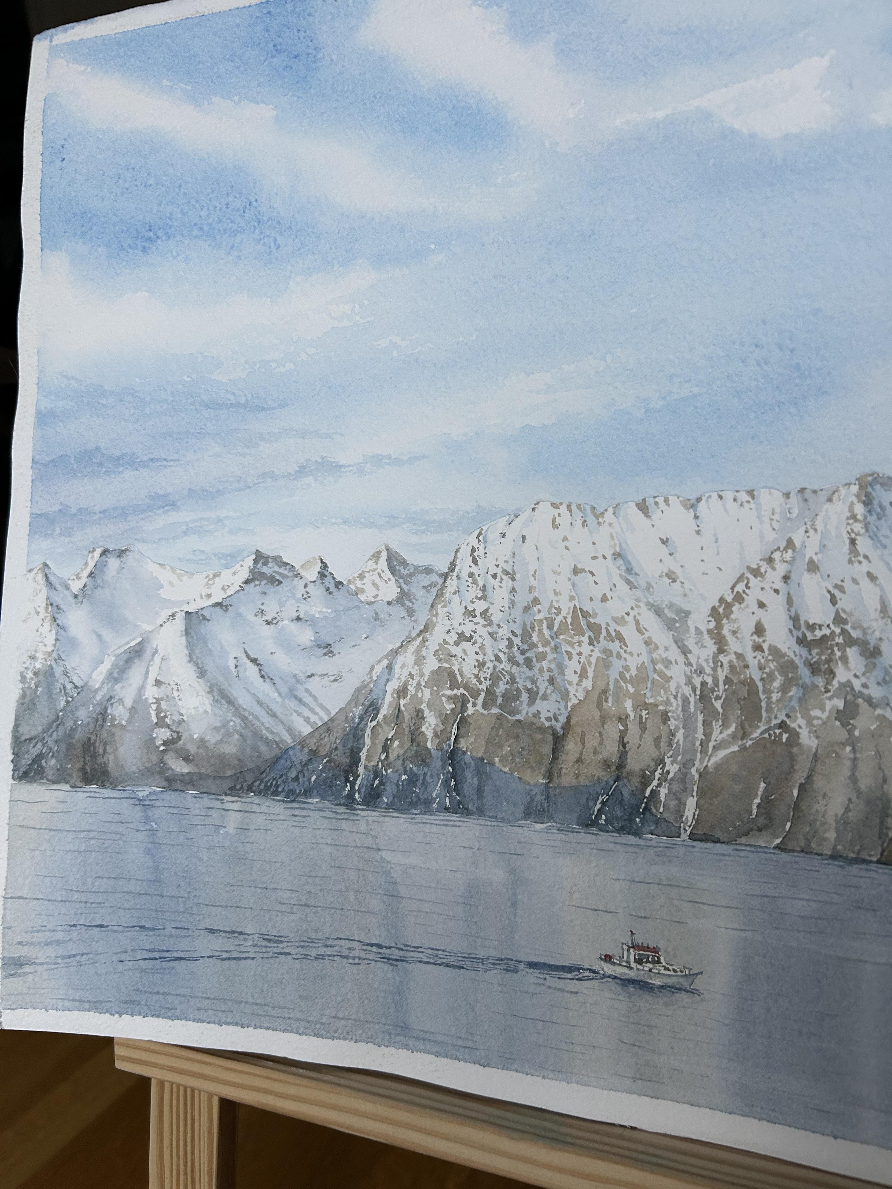 Mountain Landscape Painting, fjord, seascape, nordic, nature, blue, brown For Sale 4