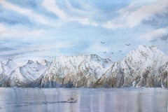 Pittura paesaggio di montagna, fiordo, paesaggio marino, nordico, natura, blu, marrone