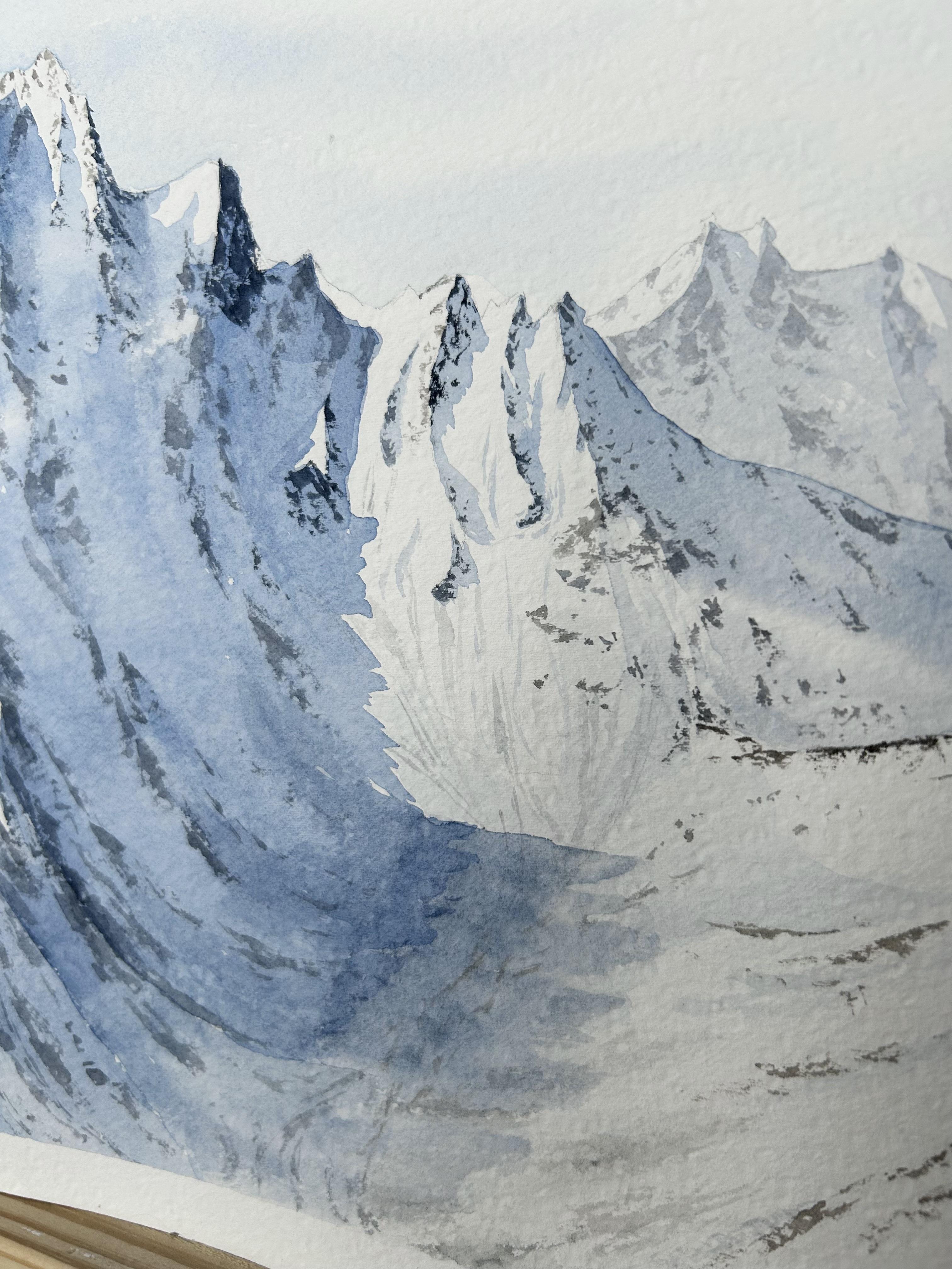 Paisaje de montaña Pintura, invierno, nieve, blanco, azul, horizontal, alpes en venta 5