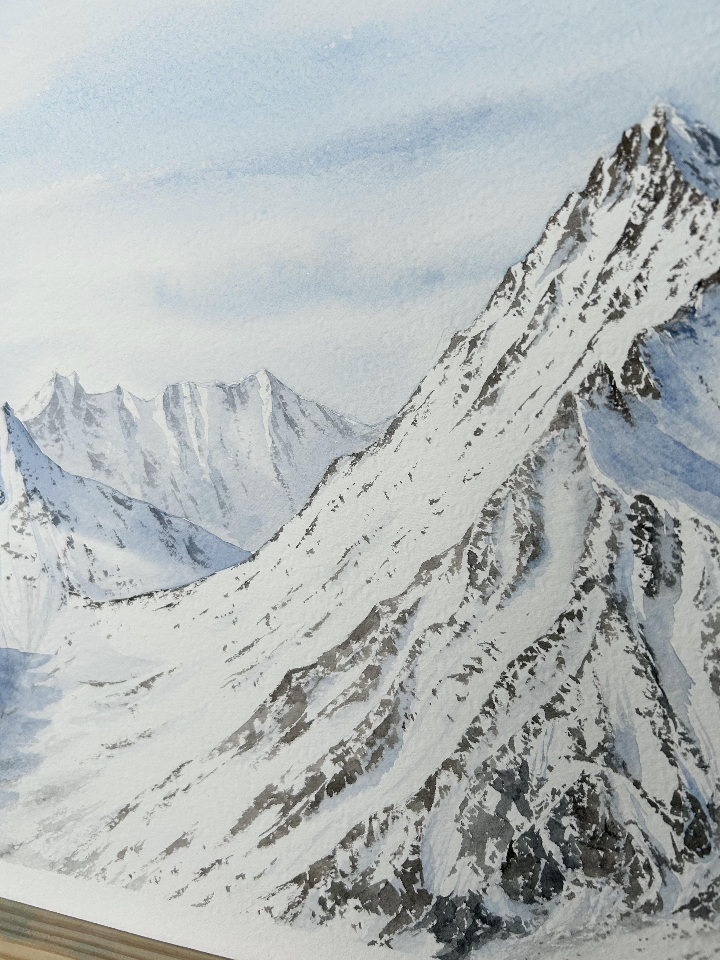 Paisaje de montaña Pintura, invierno, nieve, blanco, azul, horizontal, alpes en venta 7