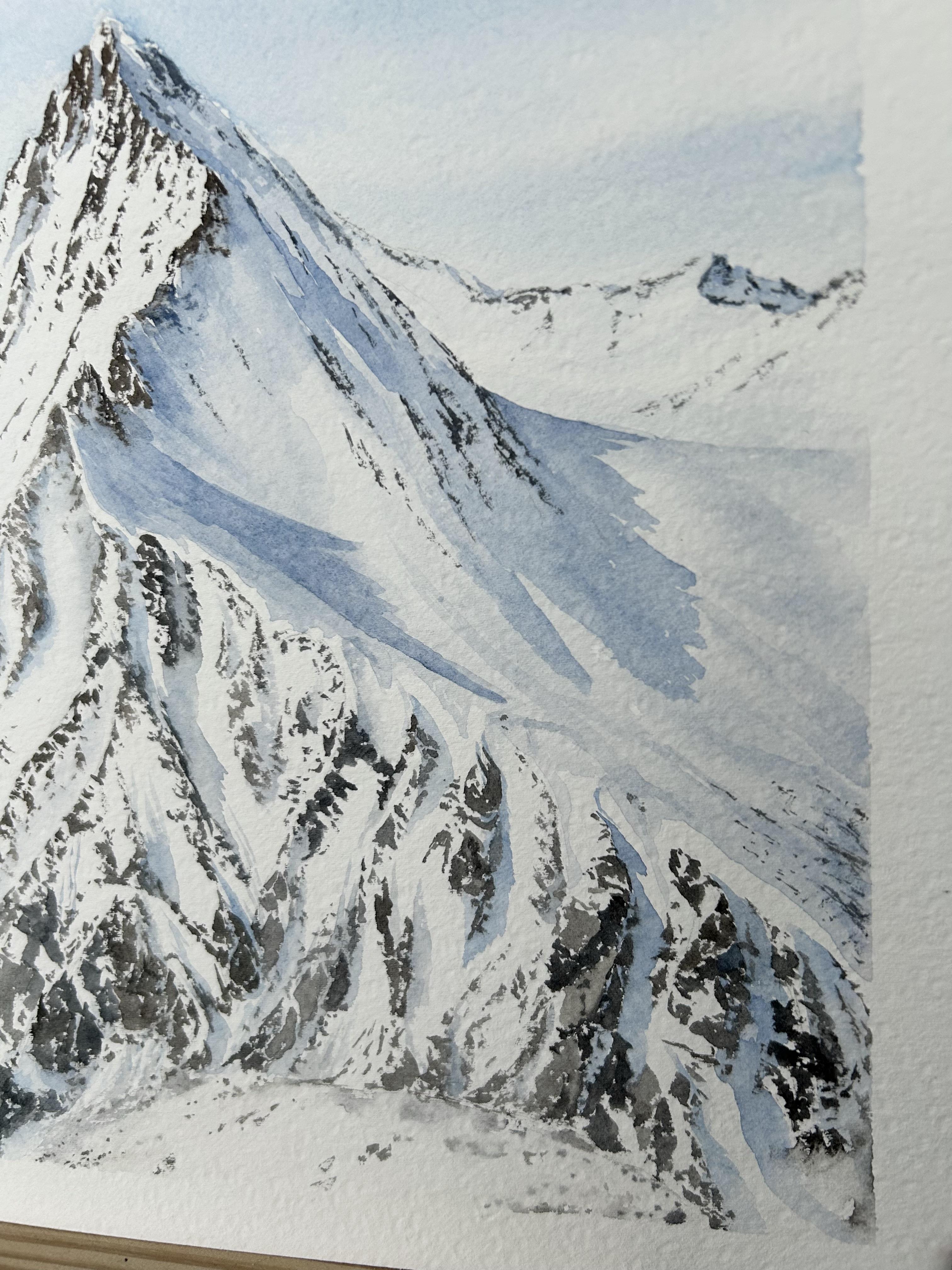 Paisaje de montaña Pintura, invierno, nieve, blanco, azul, horizontal, alpes en venta 9