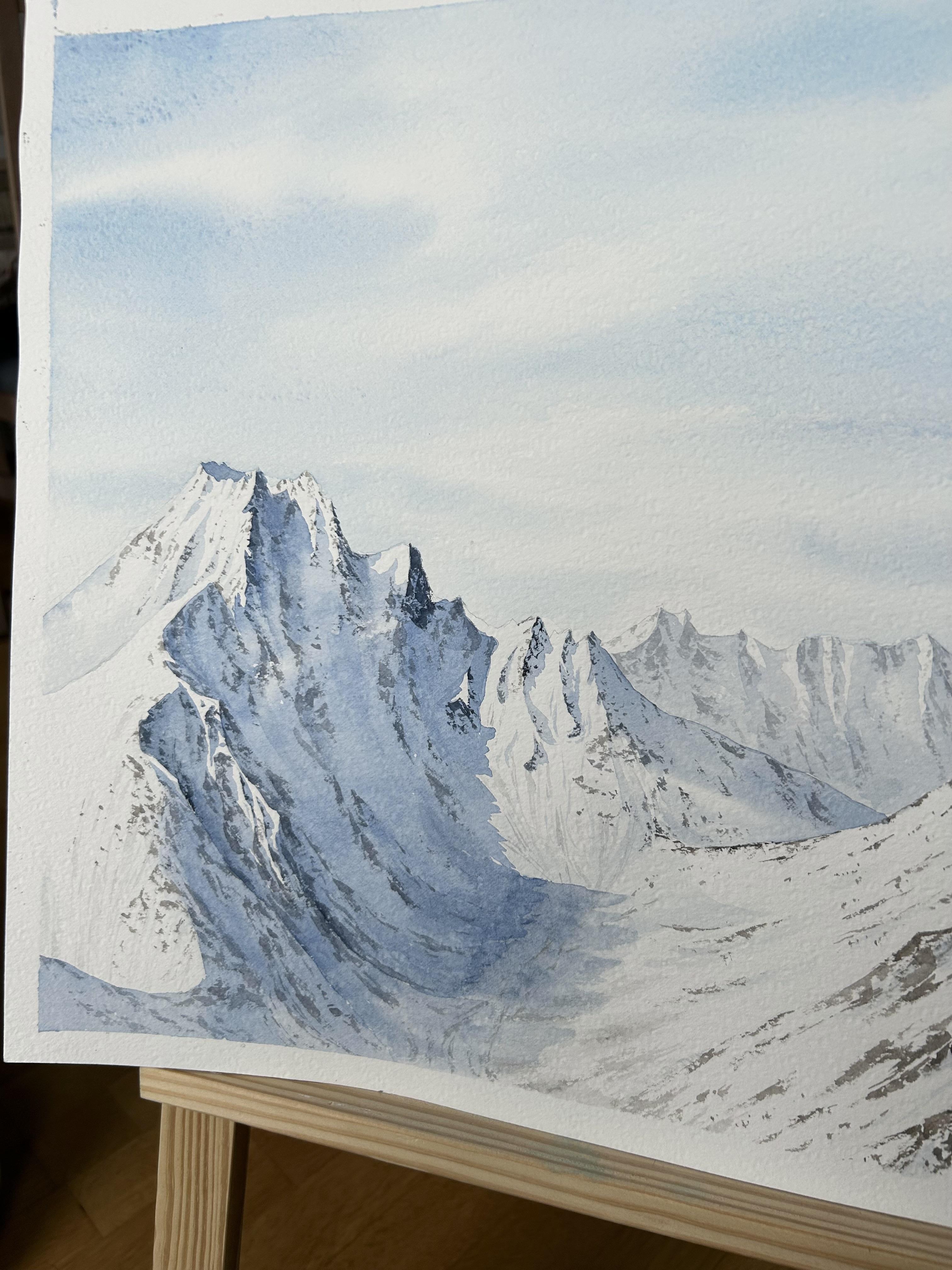 Paisaje de montaña Pintura, invierno, nieve, blanco, azul, horizontal, alpes en venta 10