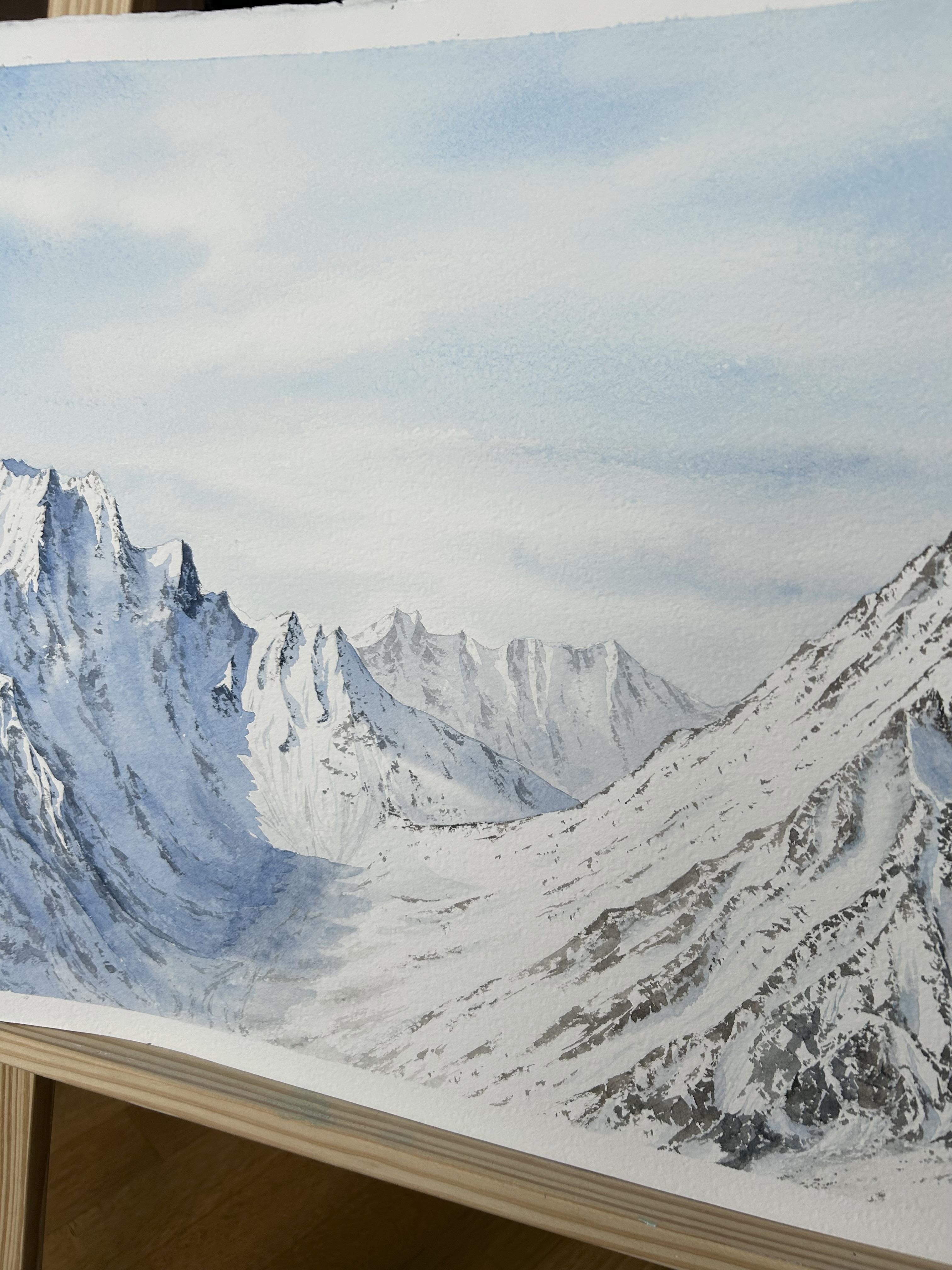 Paisaje de montaña Pintura, invierno, nieve, blanco, azul, horizontal, alpes en venta 11