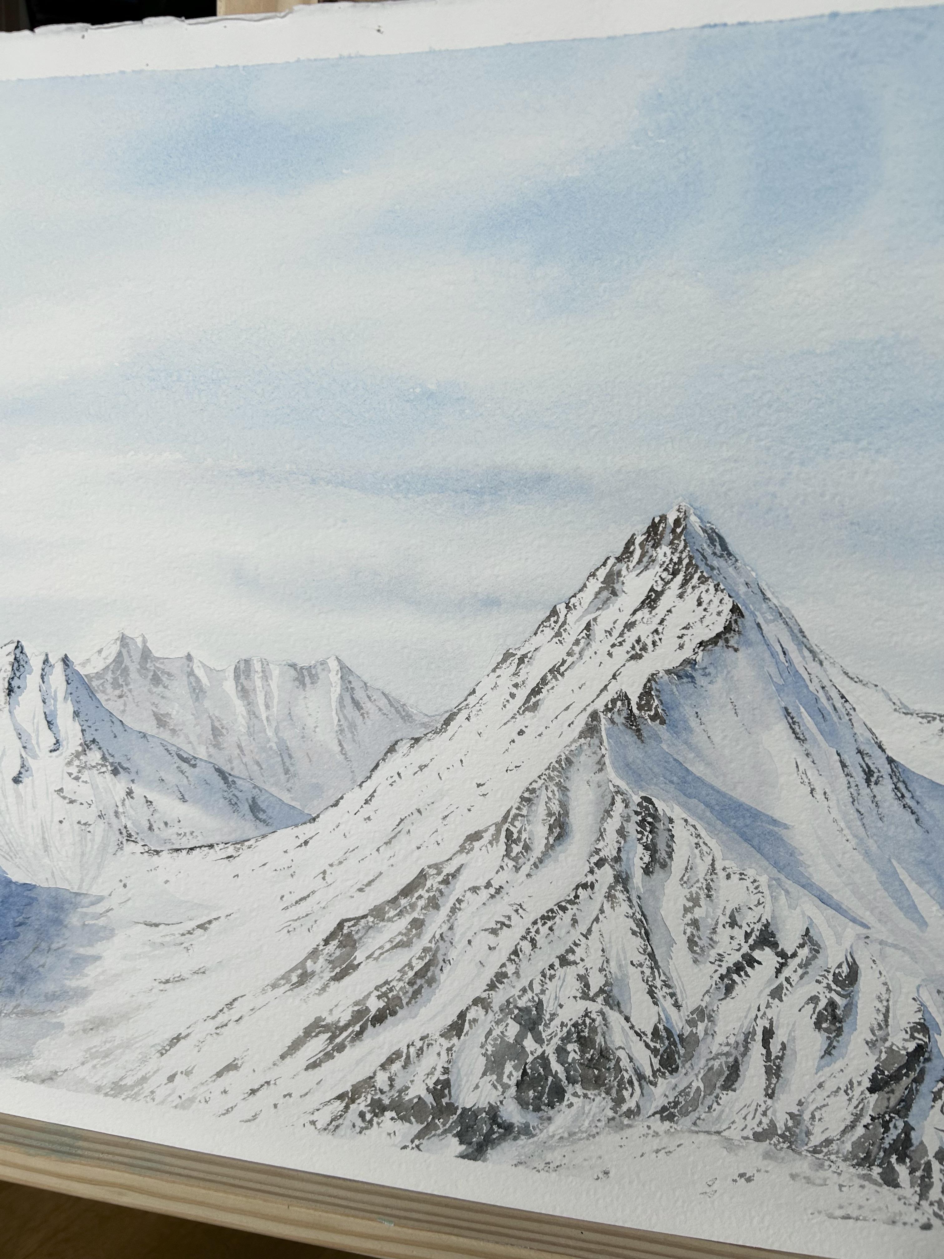 Paisaje de montaña Pintura, invierno, nieve, blanco, azul, horizontal, alpes en venta 12