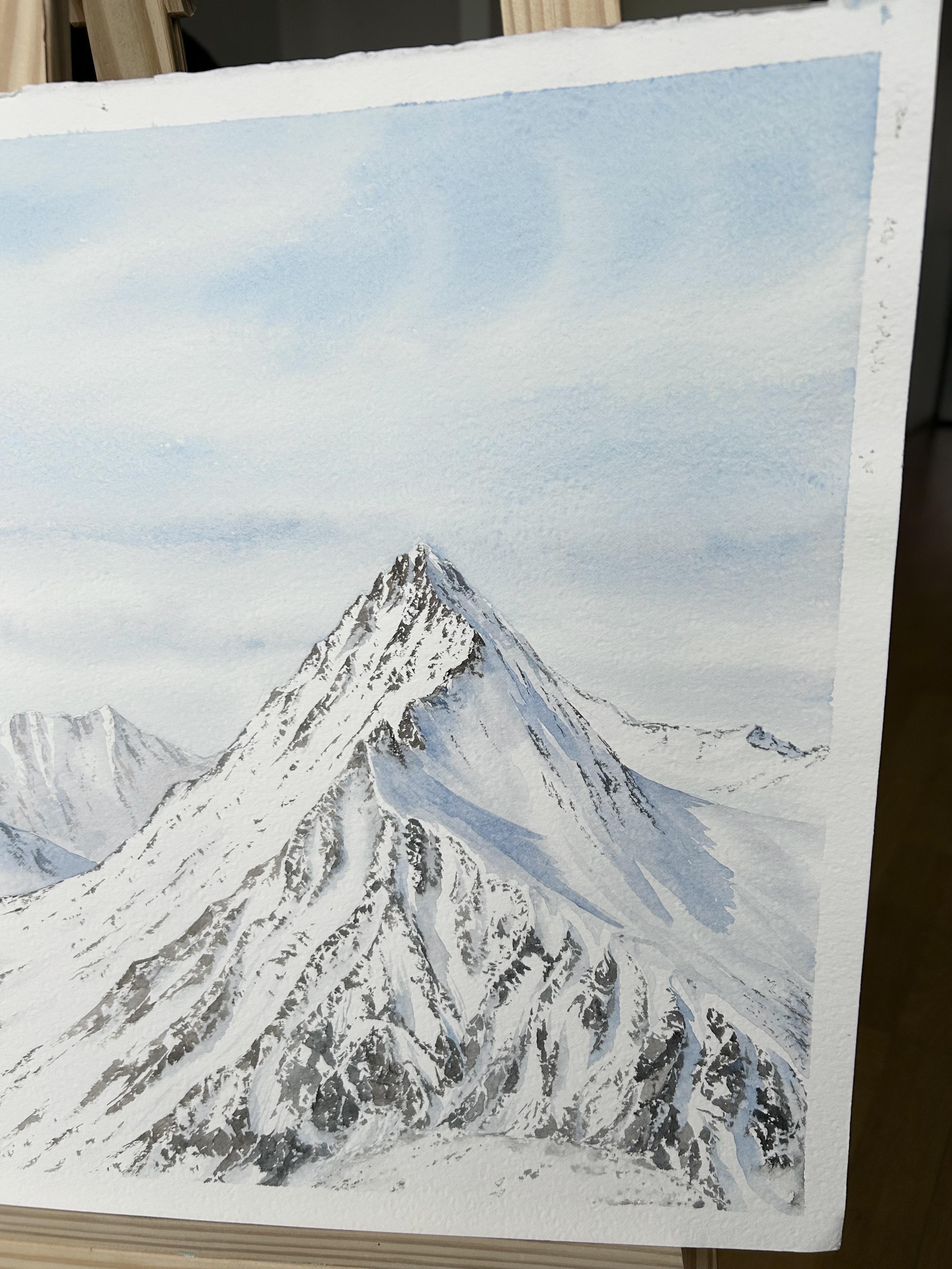 Paisaje de montaña Pintura, invierno, nieve, blanco, azul, horizontal, alpes en venta 13
