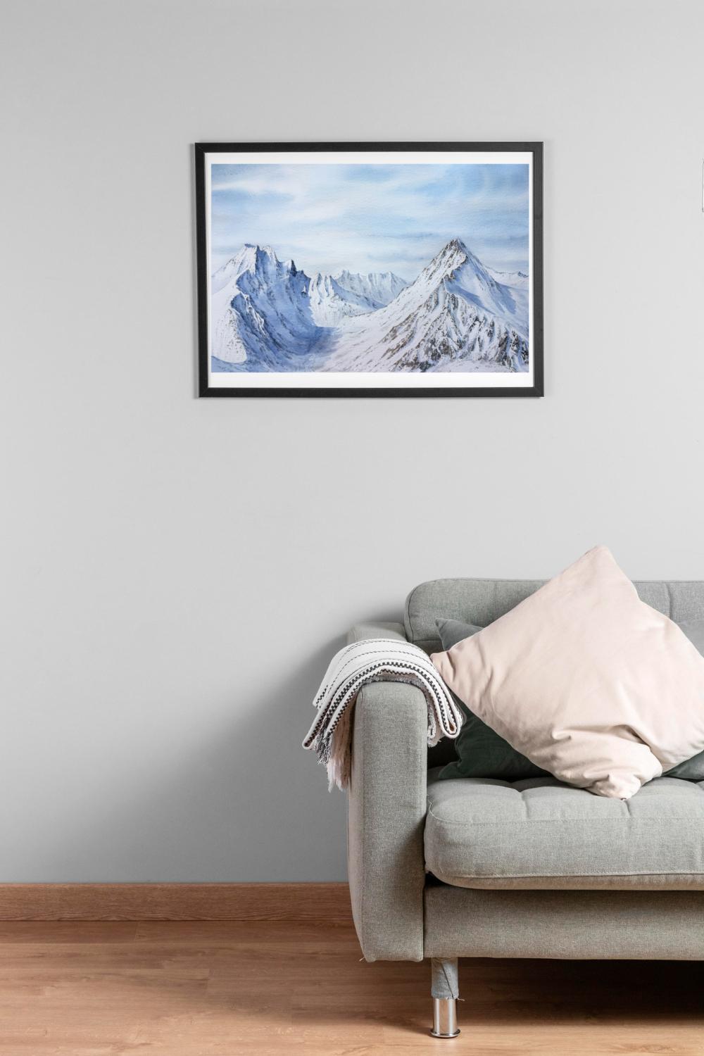 Paisaje de montaña Pintura, invierno, nieve, blanco, azul, horizontal, alpes en venta 14