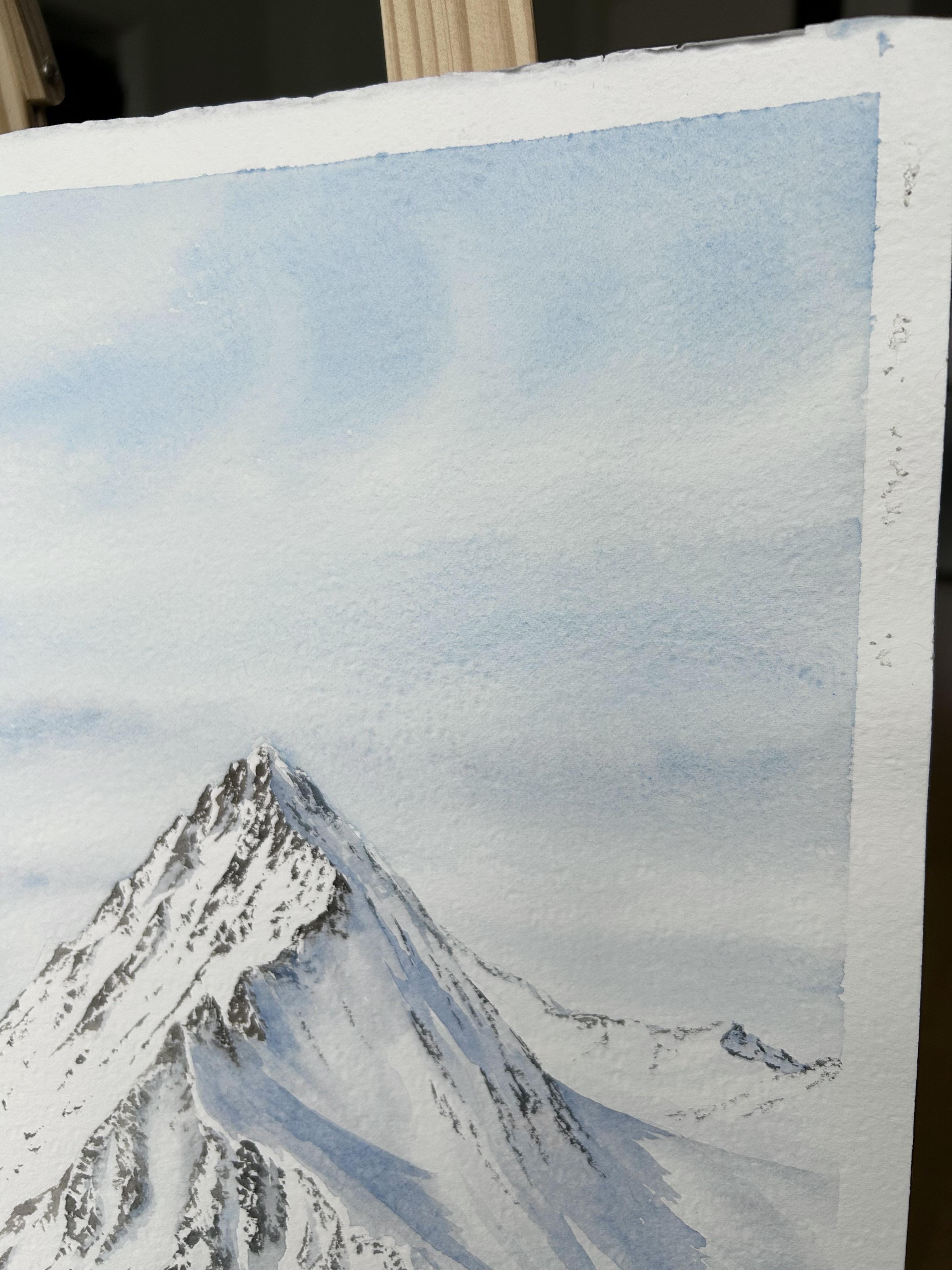 Paisaje de montaña Pintura, invierno, nieve, blanco, azul, horizontal, alpes - Art Realista de Aleksandra Strokina