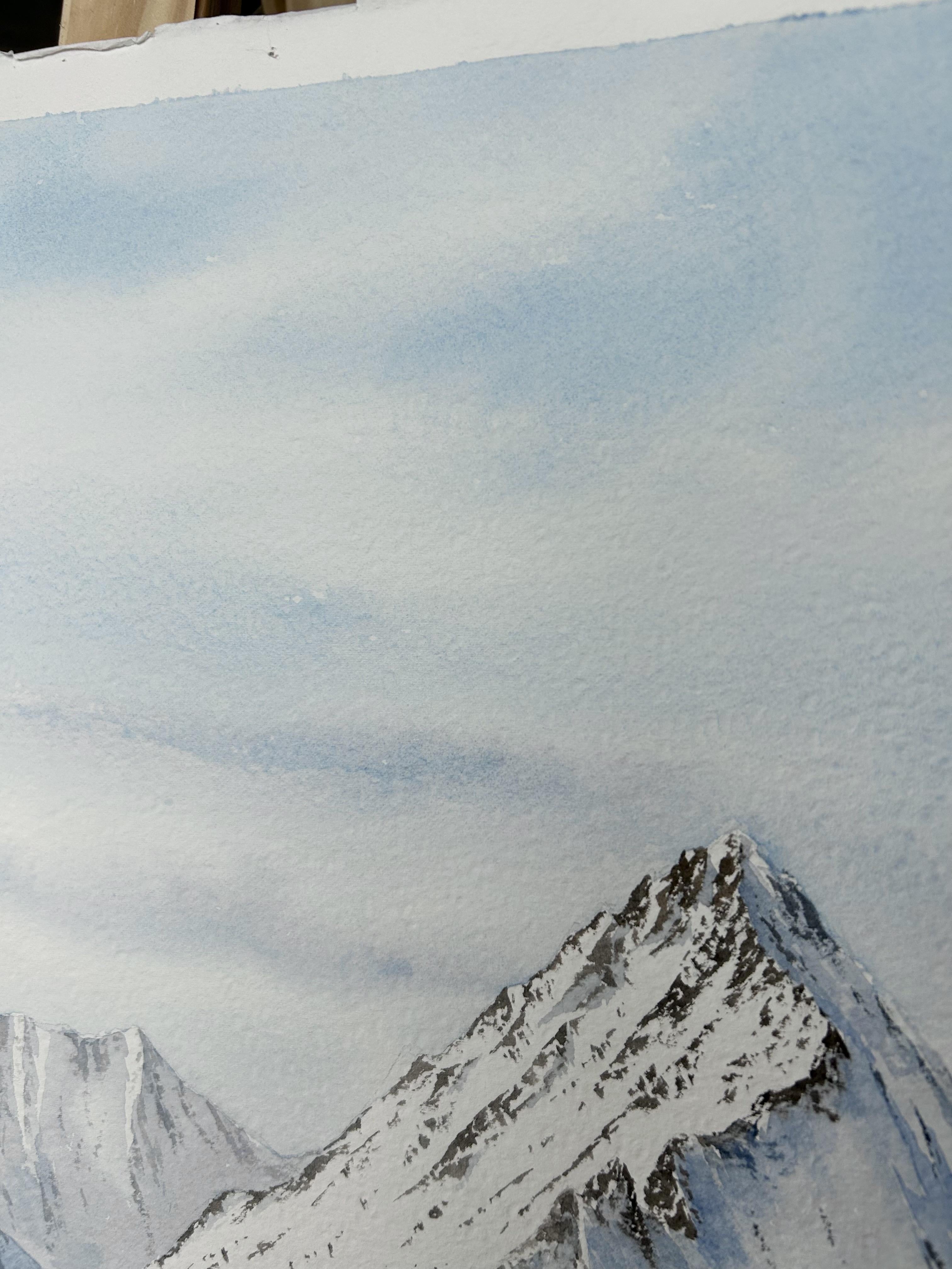 Paisaje de montaña Pintura, invierno, nieve, blanco, azul, horizontal, alpes - Landscape Art Azul de Aleksandra Strokina