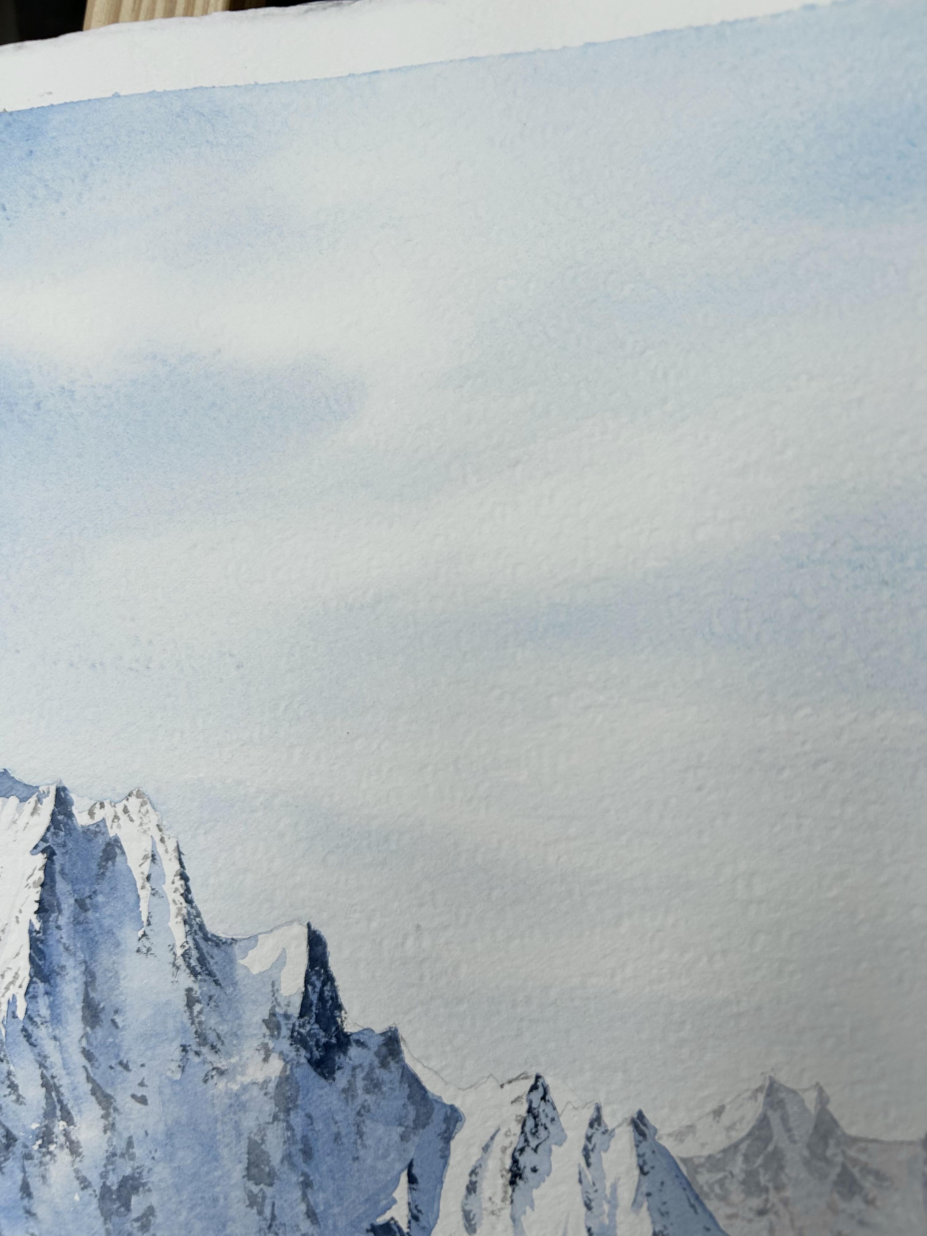 Paisaje de montaña Pintura, invierno, nieve, blanco, azul, horizontal, alpes en venta 1