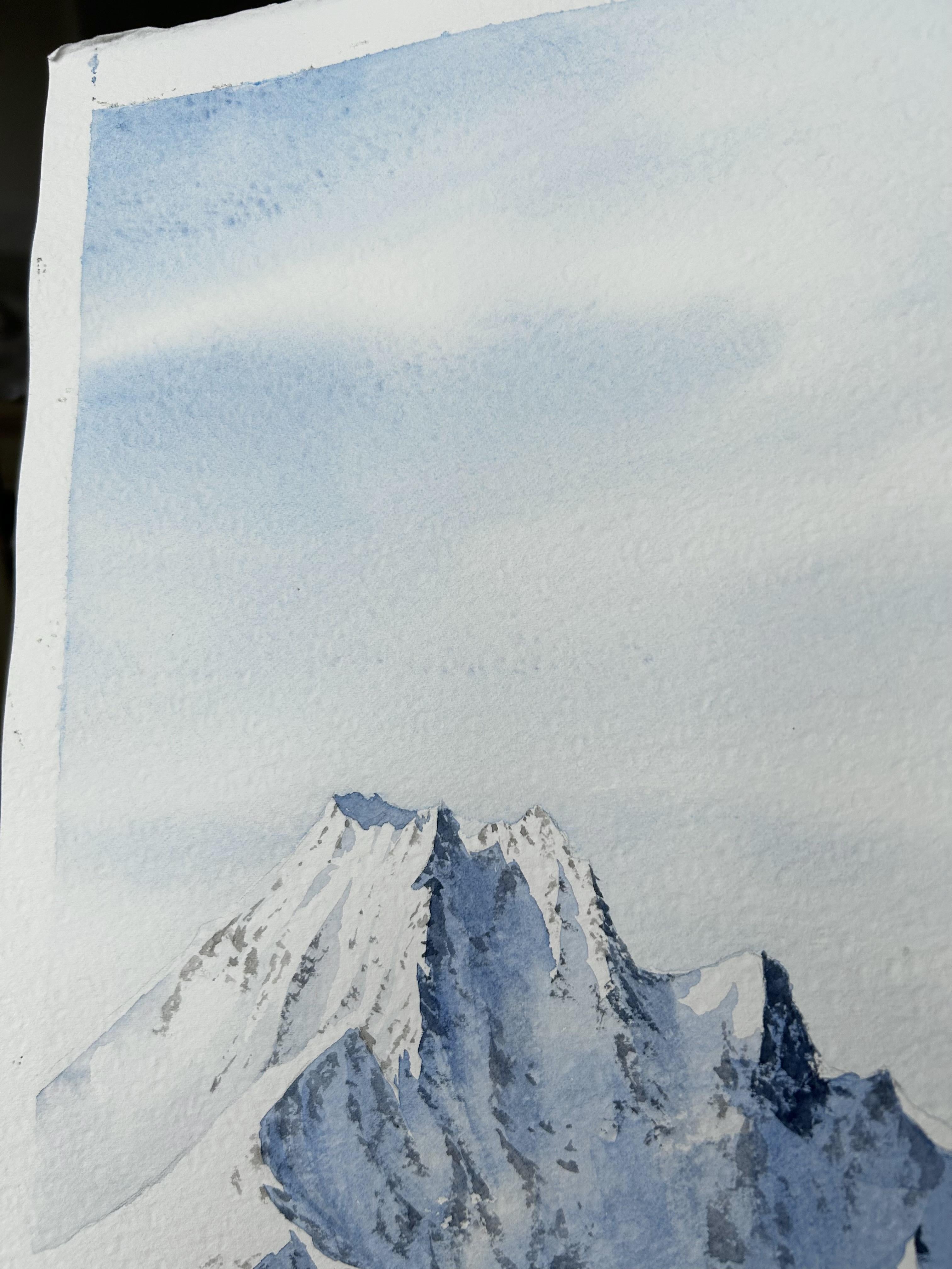 Paisaje de montaña Pintura, invierno, nieve, blanco, azul, horizontal, alpes en venta 2